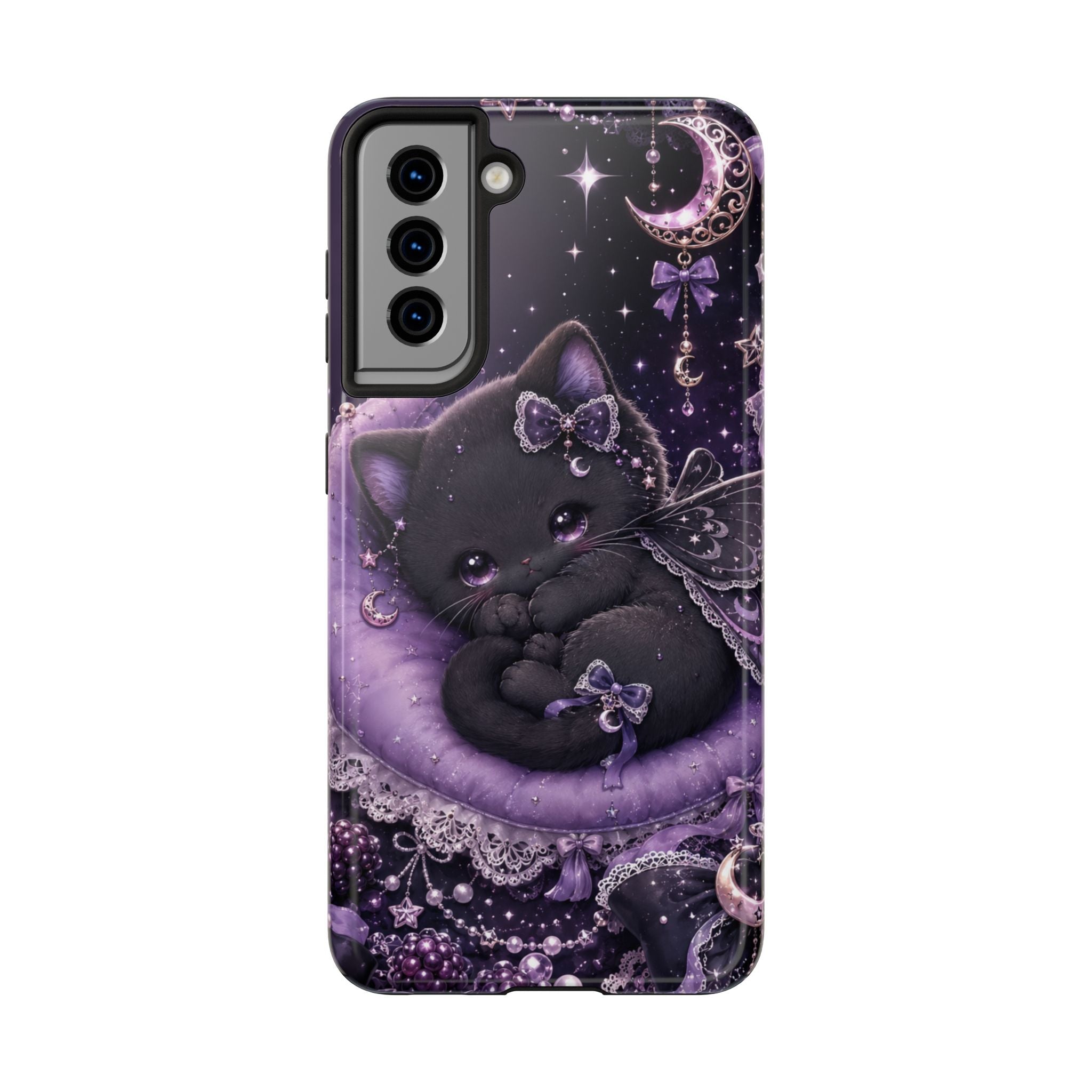 Cute Black Kitty Moon Tough Phone Case — Purple Fantasy Cat Protective Cover