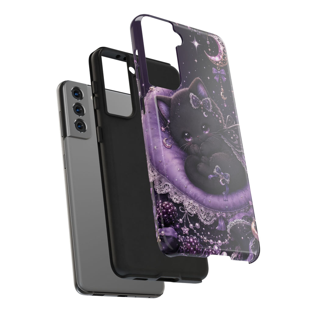 Cute Black Kitty Moon Tough Phone Case — Purple Fantasy Cat Protective Cover