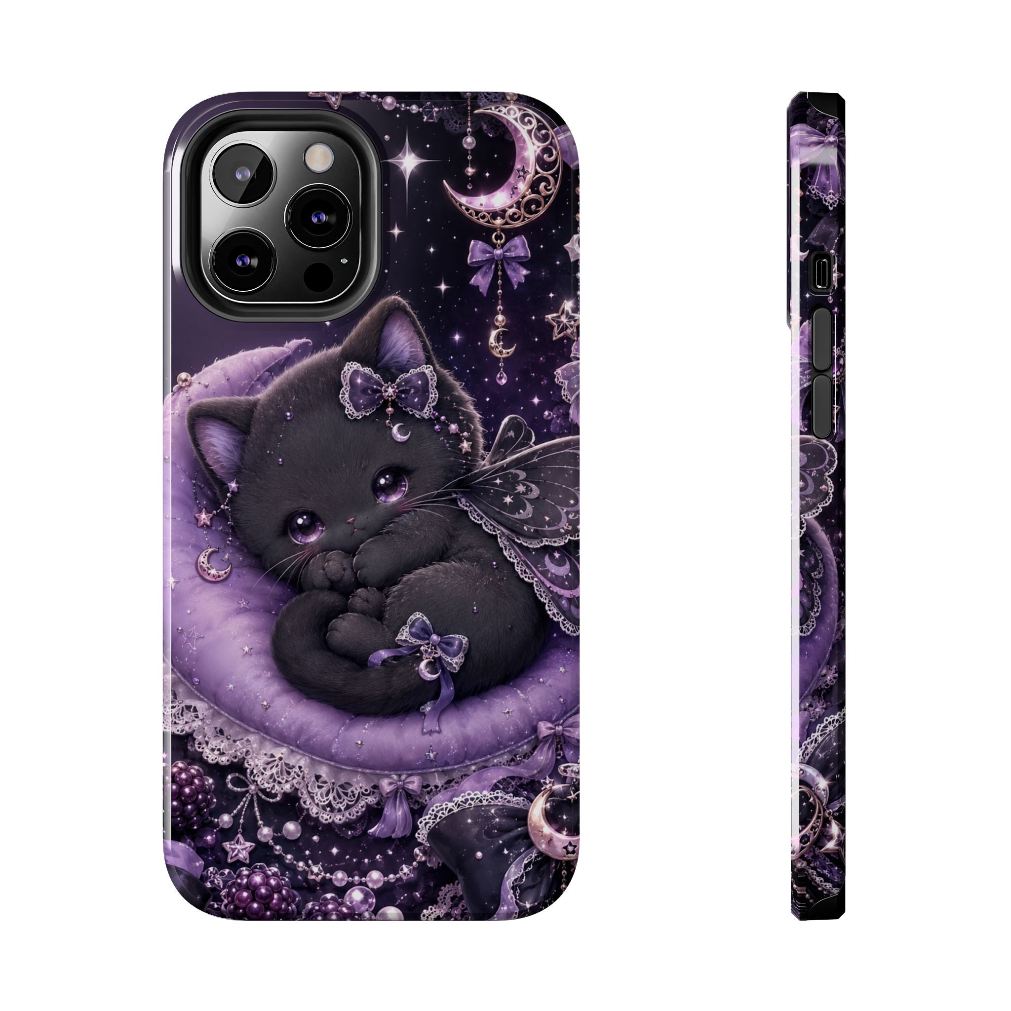 Cute Black Kitty Moon Tough Phone Case — Purple Fantasy Cat Protective Cover