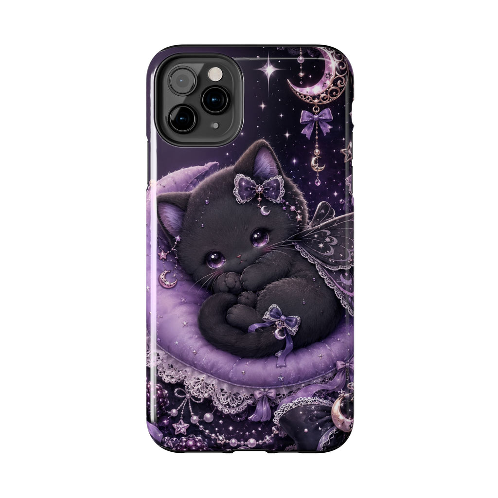 Cute Black Kitty Moon Tough Phone Case — Purple Fantasy Cat Protective Cover