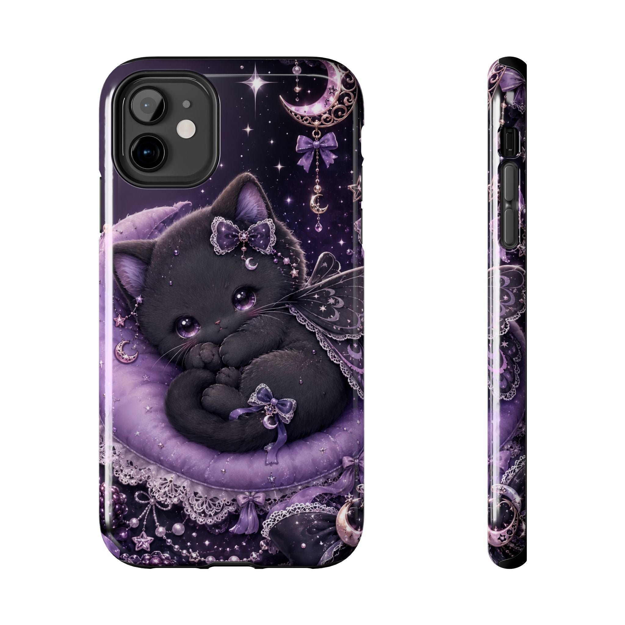 Cute Black Kitty Moon Tough Phone Case — Purple Fantasy Cat Protective Cover
