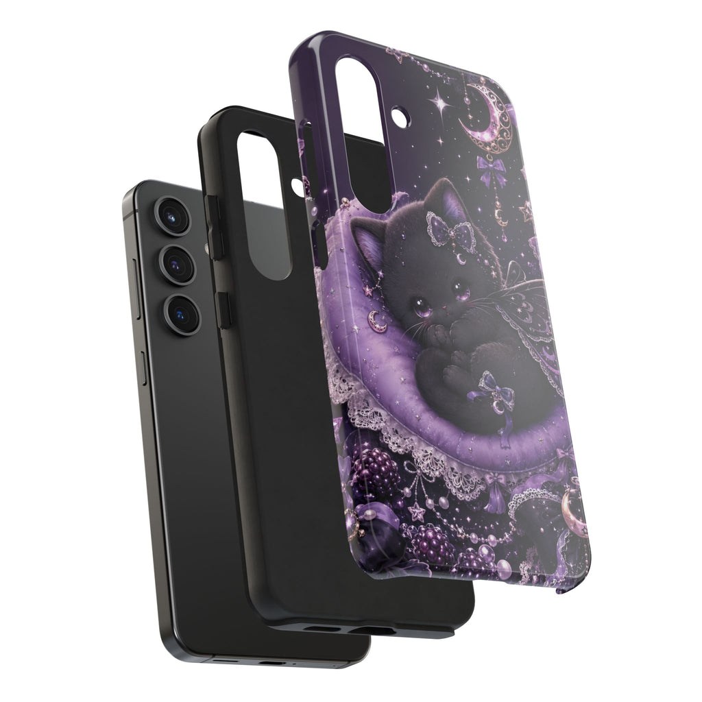 Cute Black Kitty Moon Tough Phone Case — Purple Fantasy Cat Protective Cover
