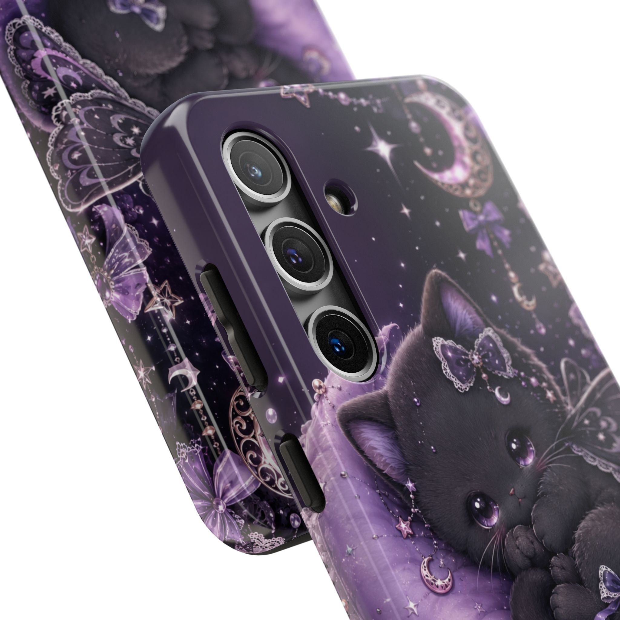 Cute Black Kitty Moon Tough Phone Case — Purple Fantasy Cat Protective Cover