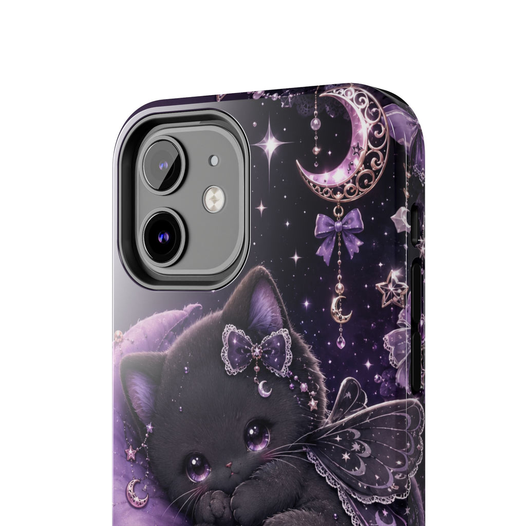 Cute Black Kitty Moon Tough Phone Case — Purple Fantasy Cat Protective Cover