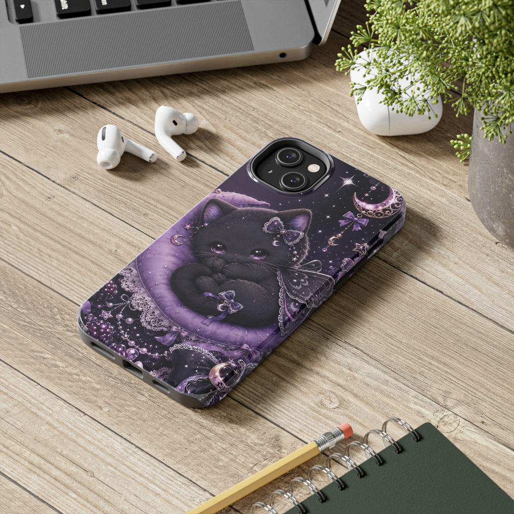 Cute Black Kitty Moon Tough Phone Case — Purple Fantasy Cat Protective Cover