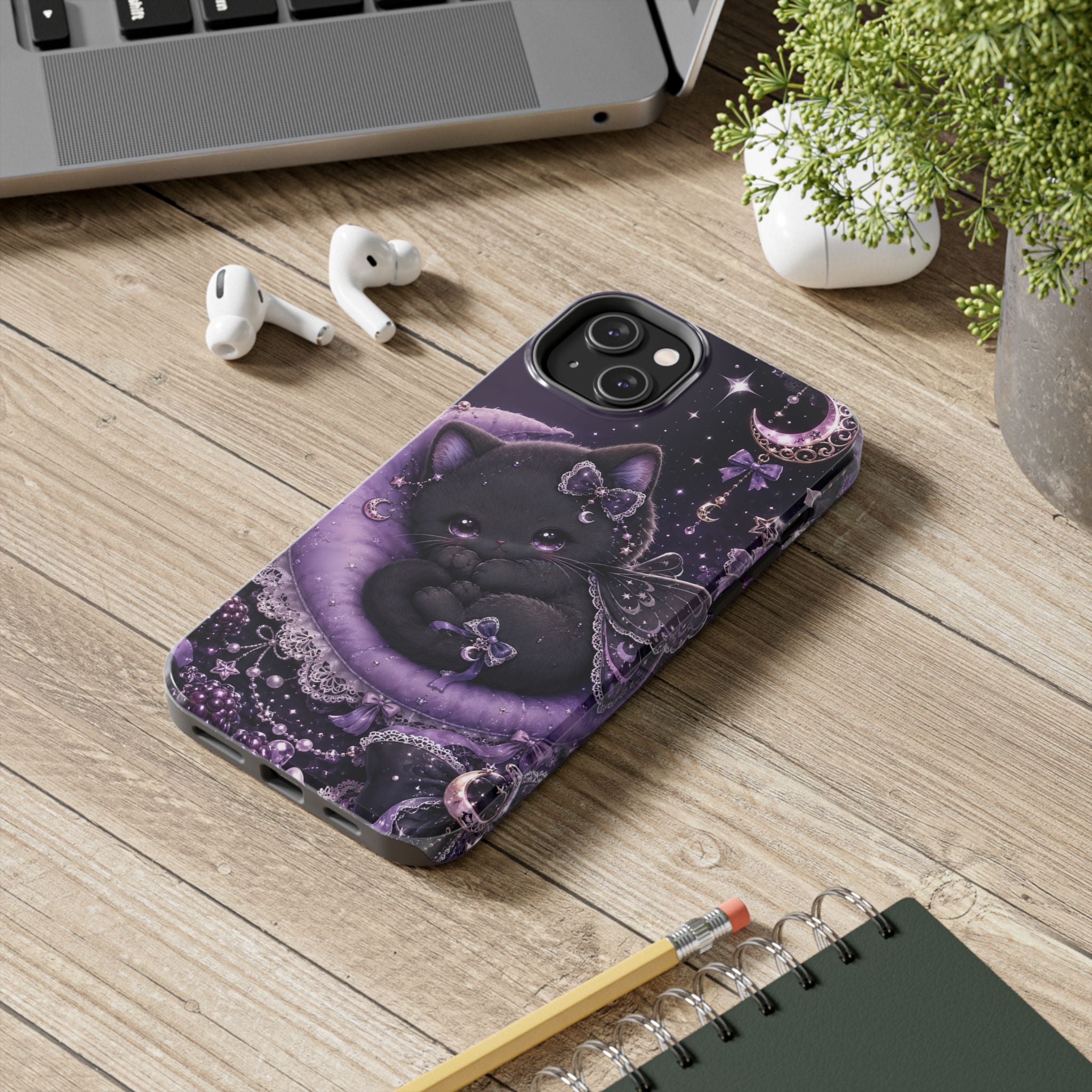 Cute Black Kitty Moon Tough Phone Case — Purple Fantasy Cat Protective Cover