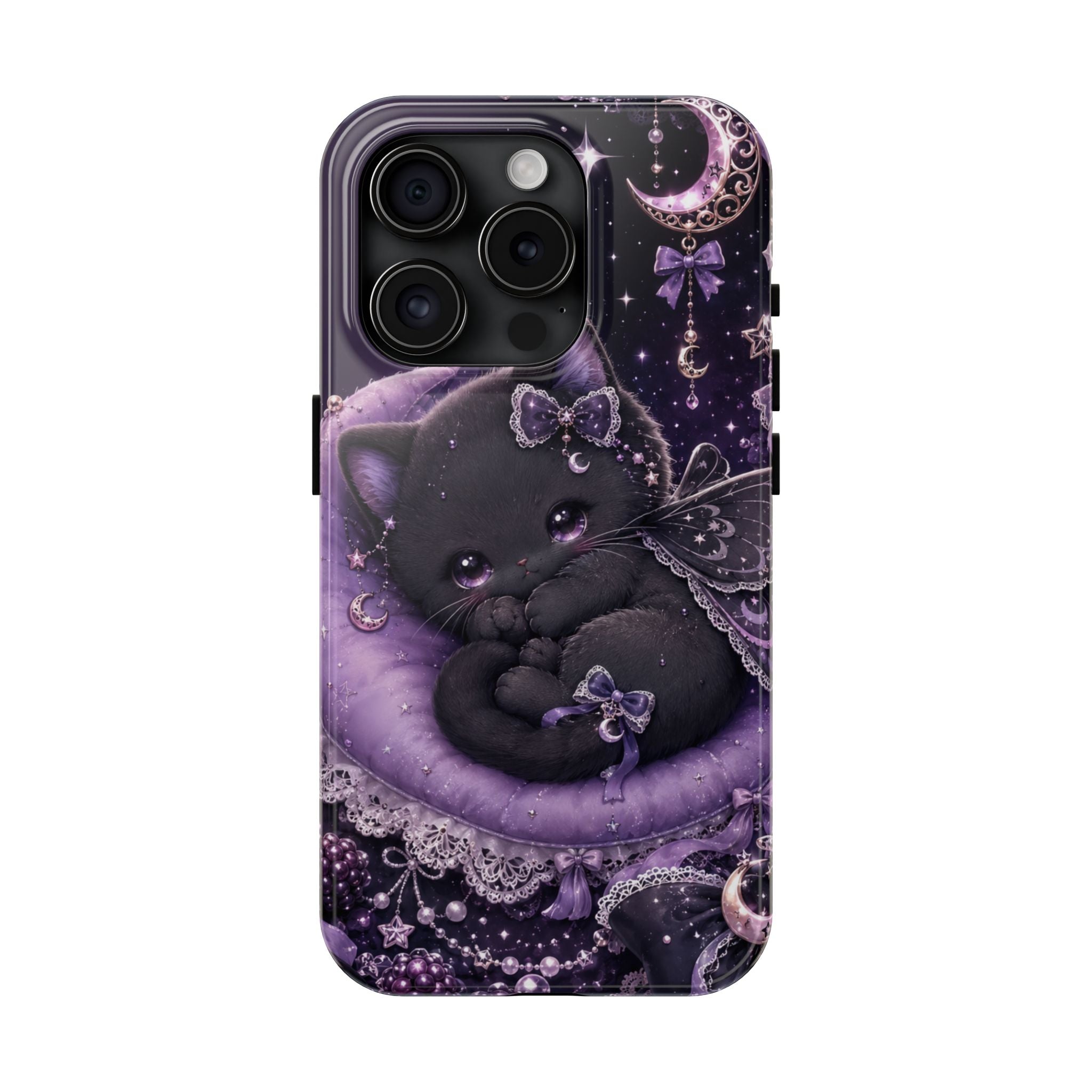 Cute Black Kitty Moon Tough Phone Case — Purple Fantasy Cat Protective Cover