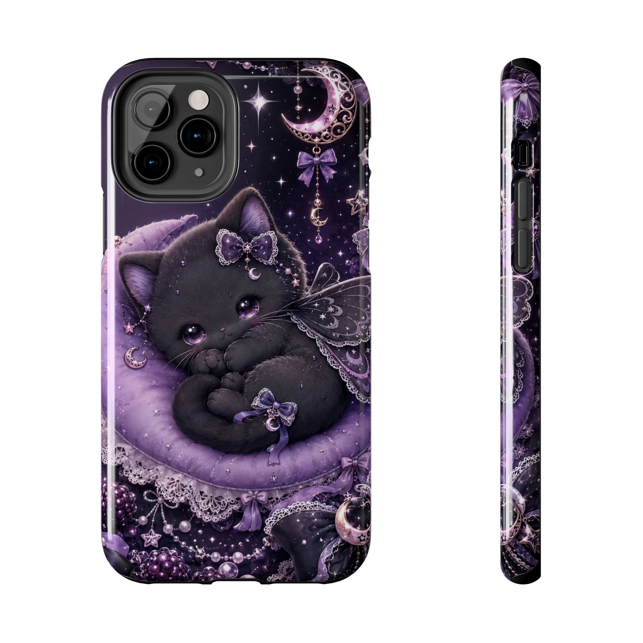 Cute Black Kitty Moon Tough Phone Case — Purple Fantasy Cat Protective Cover