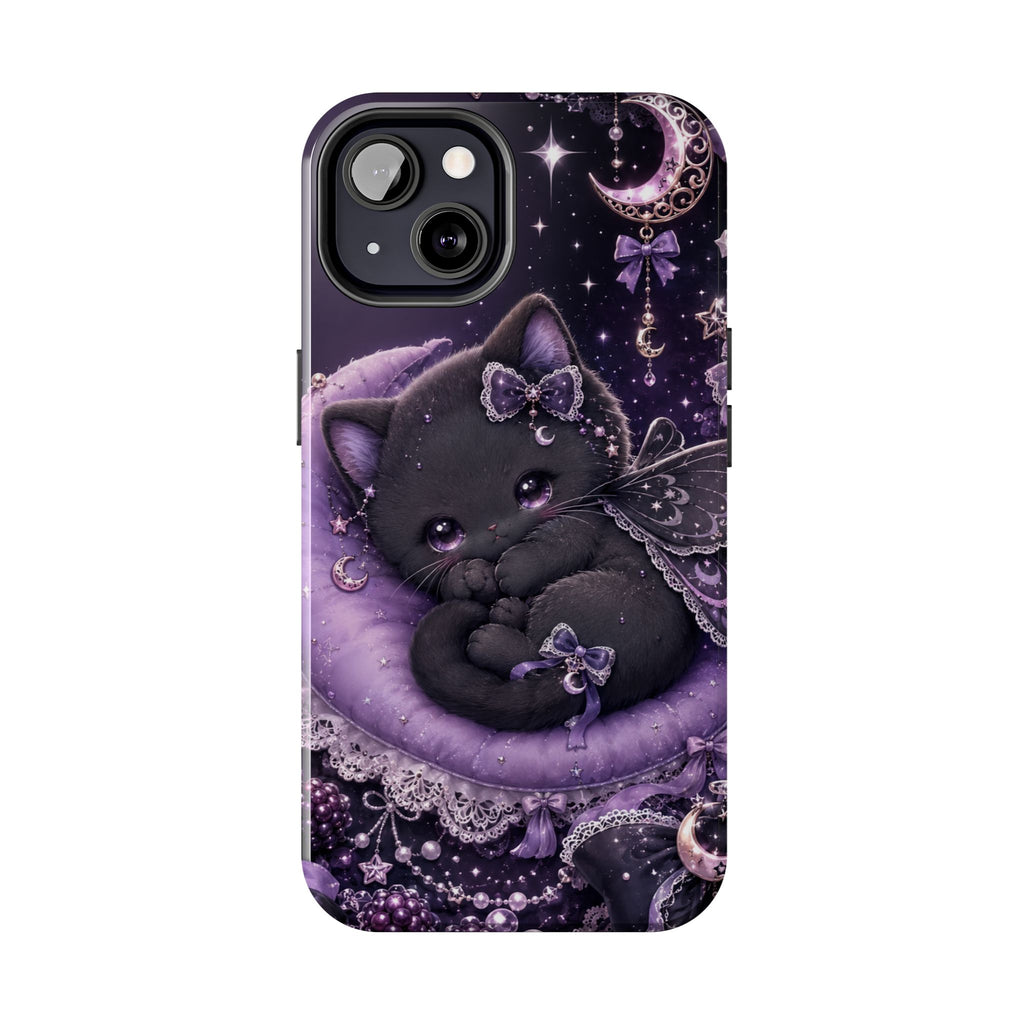 Cute Black Kitty Moon Tough Phone Case — Purple Fantasy Cat Protective Cover