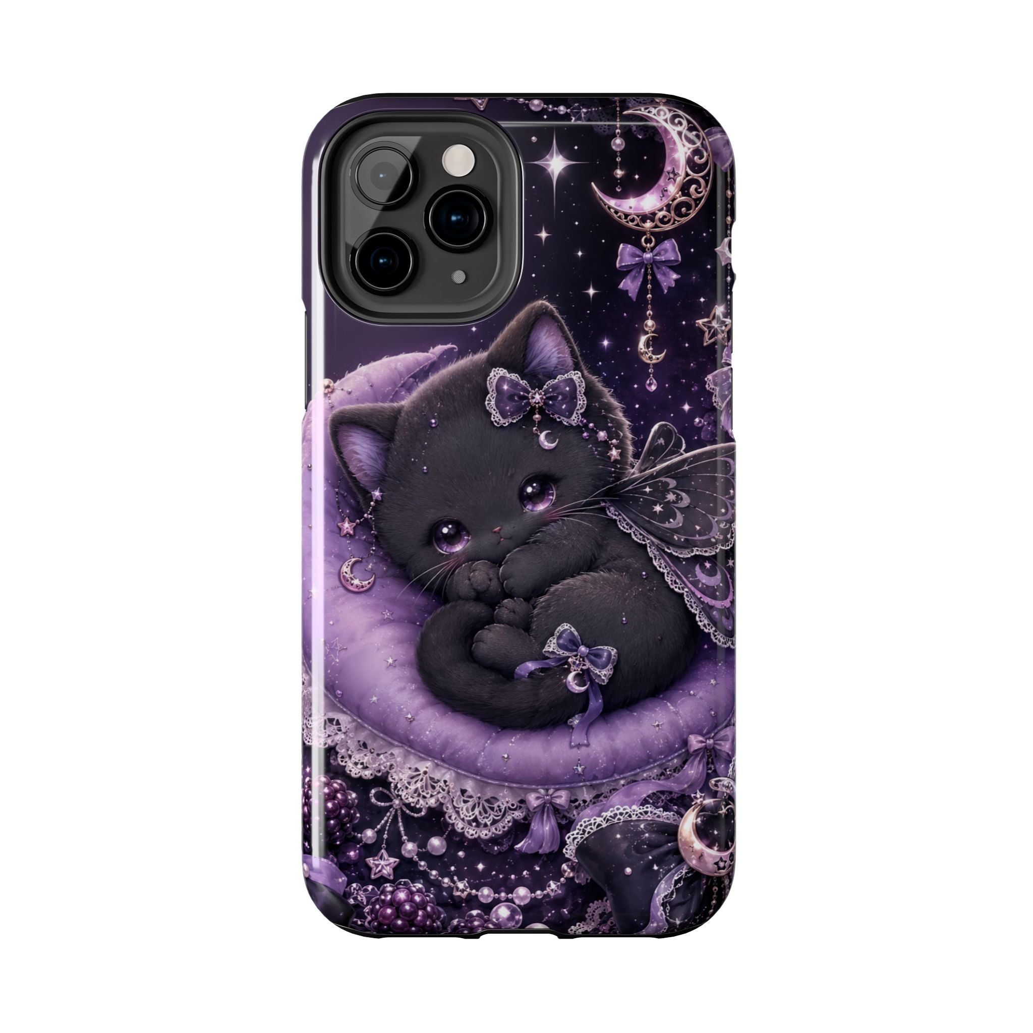Cute Black Kitty Moon Tough Phone Case — Purple Fantasy Cat Protective Cover