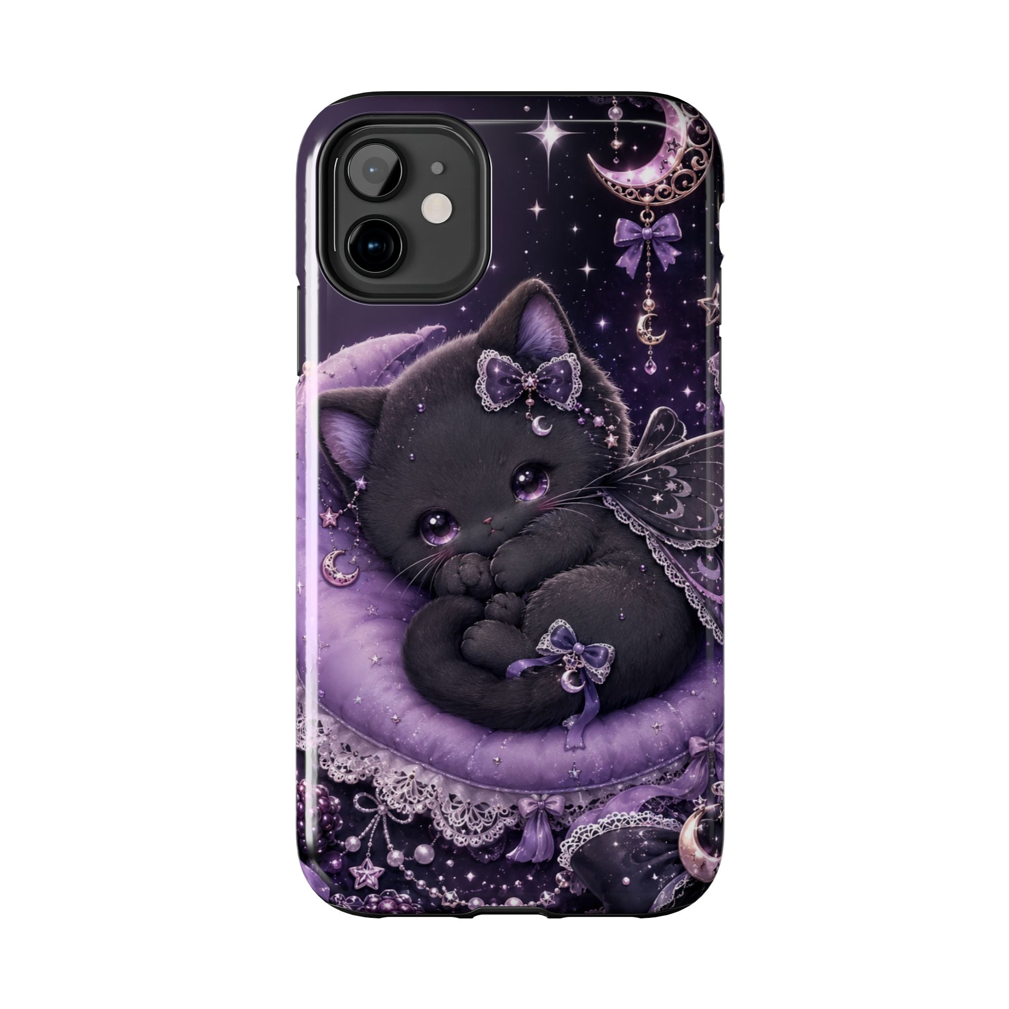 Cute Black Kitty Moon Tough Phone Case — Purple Fantasy Cat Protective Cover