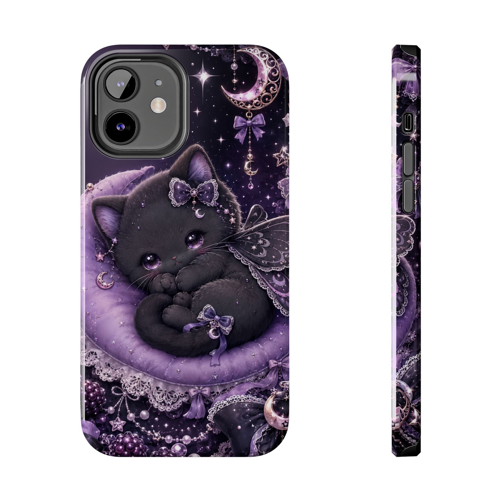 Cute Black Kitty Moon Tough Phone Case — Purple Fantasy Cat Protective Cover