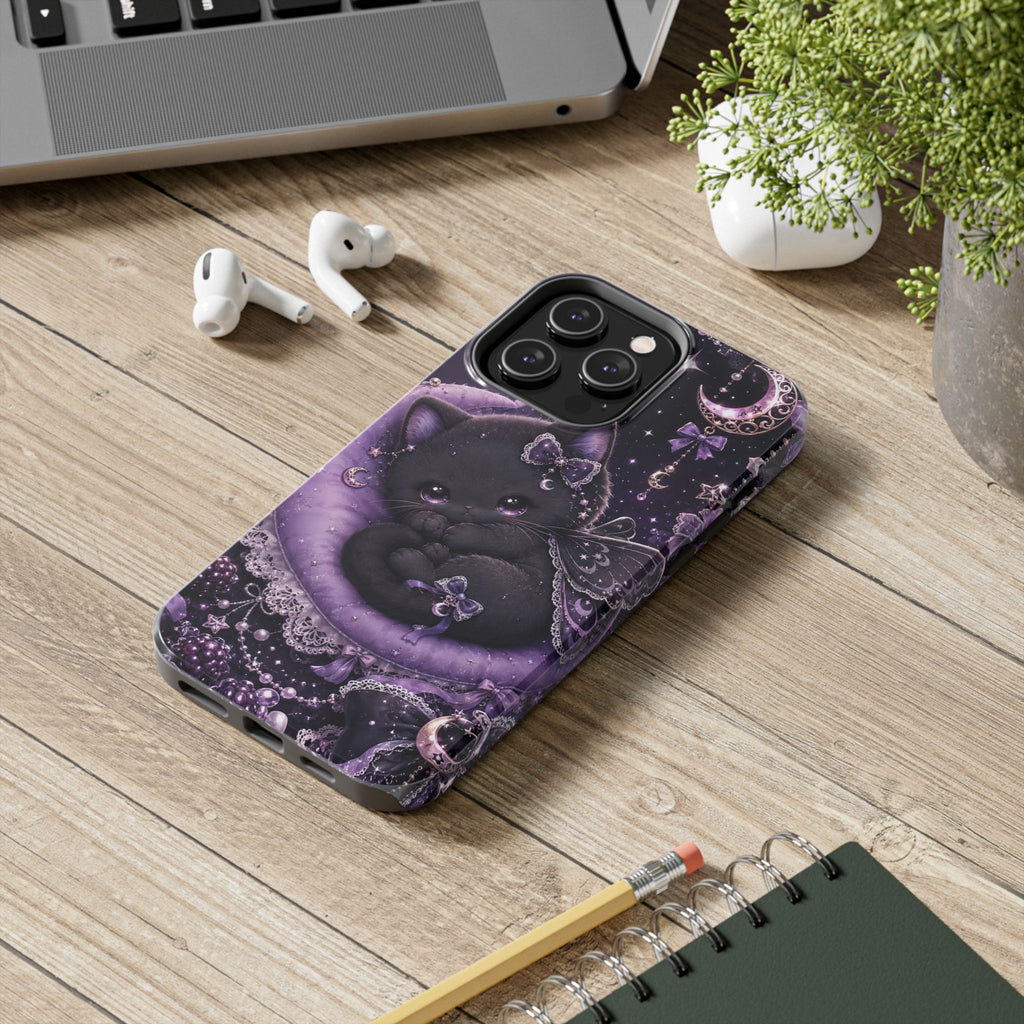 Cute Black Kitty Moon Tough Phone Case — Purple Fantasy Cat Protective Cover