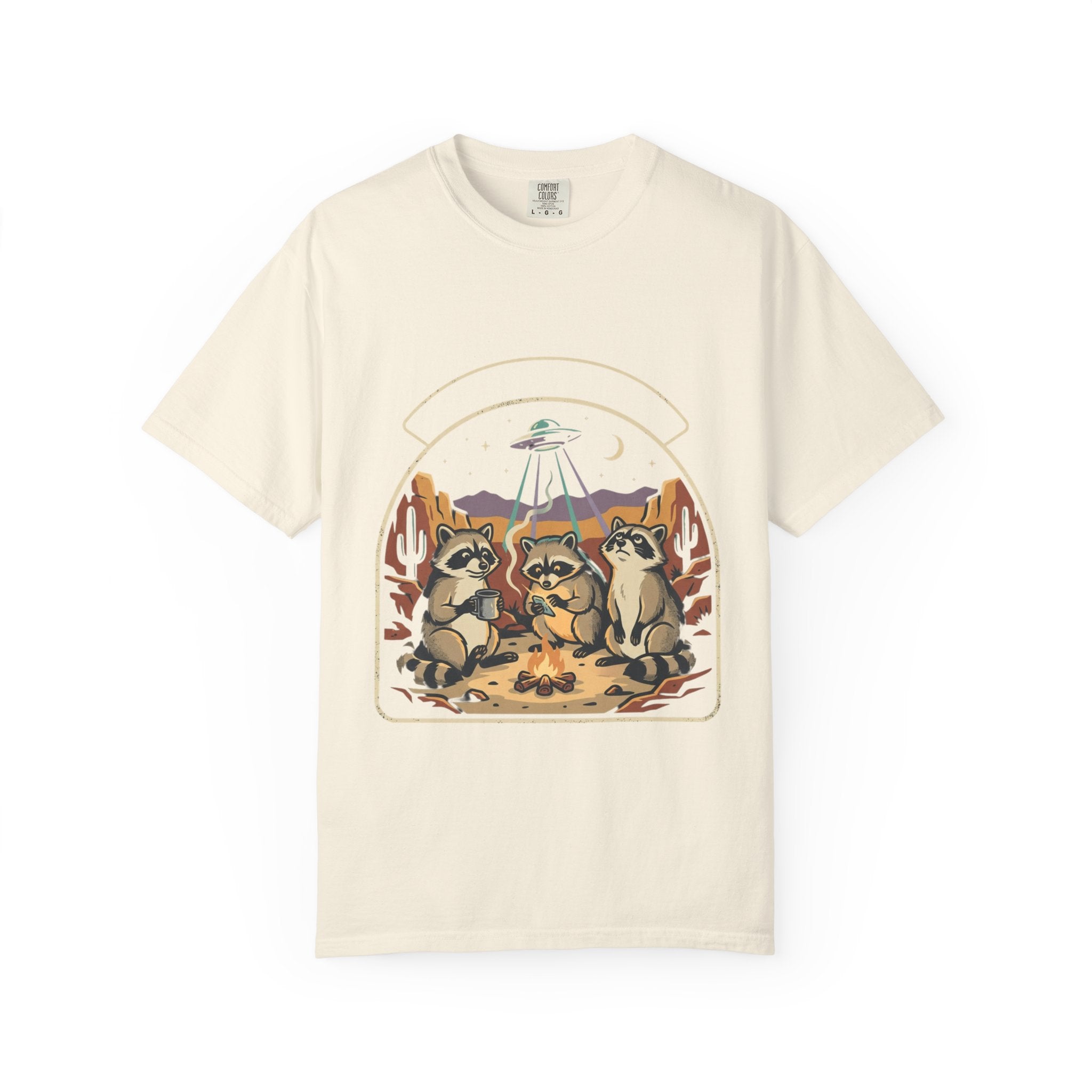 Desert Raccoons with UFO T-shirt | Alien Abduction Camping Graphic Tee