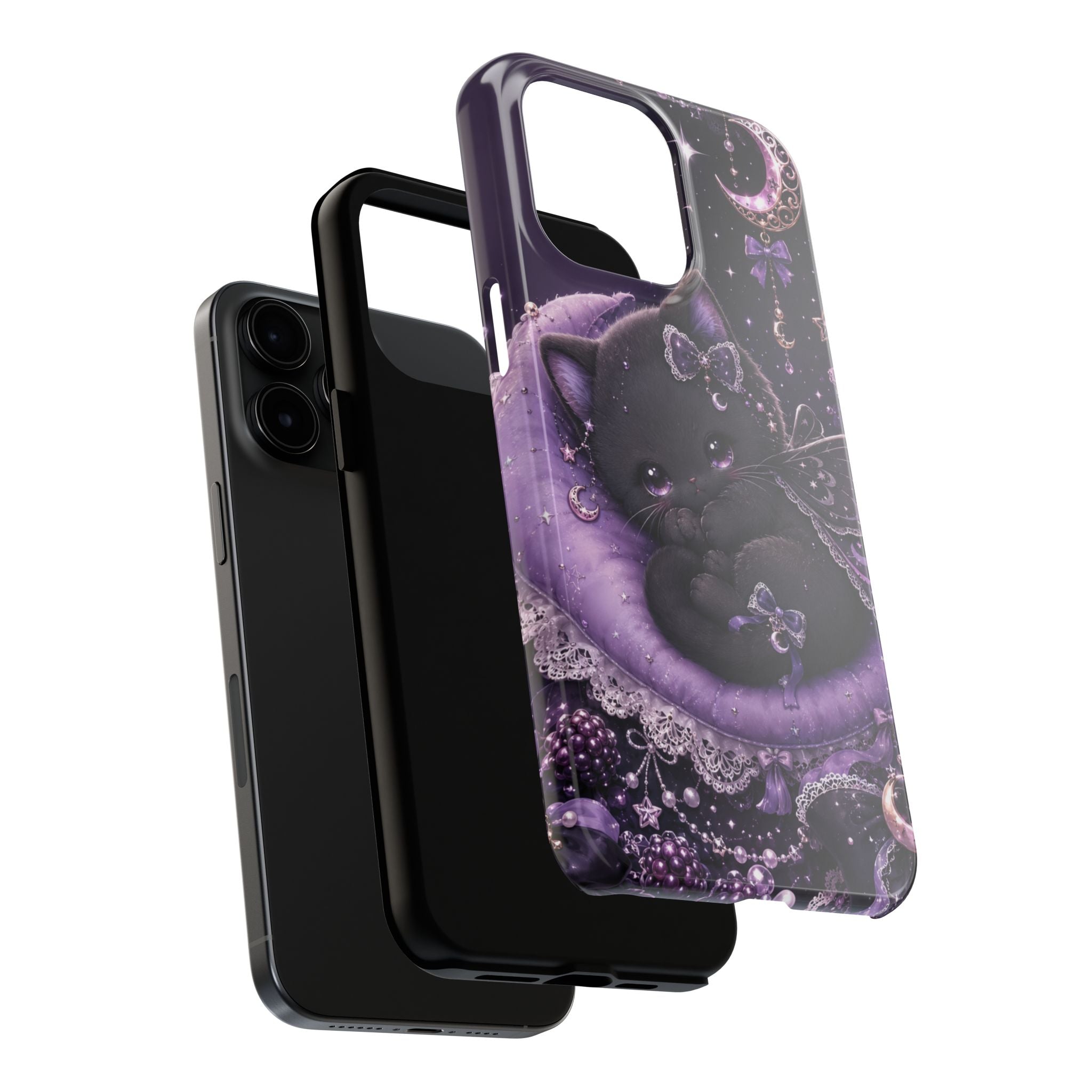 Cute Black Kitty Moon Tough Phone Case — Purple Fantasy Cat Protective Cover