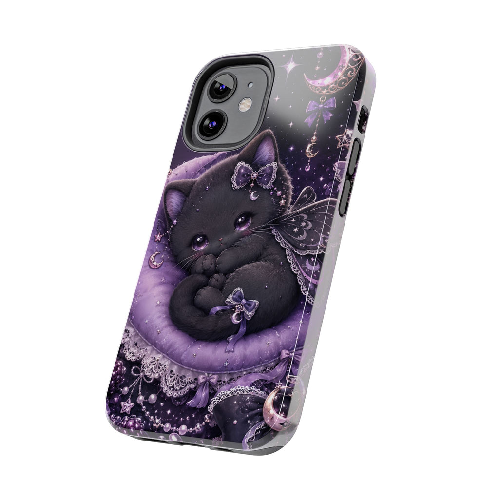 Cute Black Kitty Moon Tough Phone Case — Purple Fantasy Cat Protective Cover