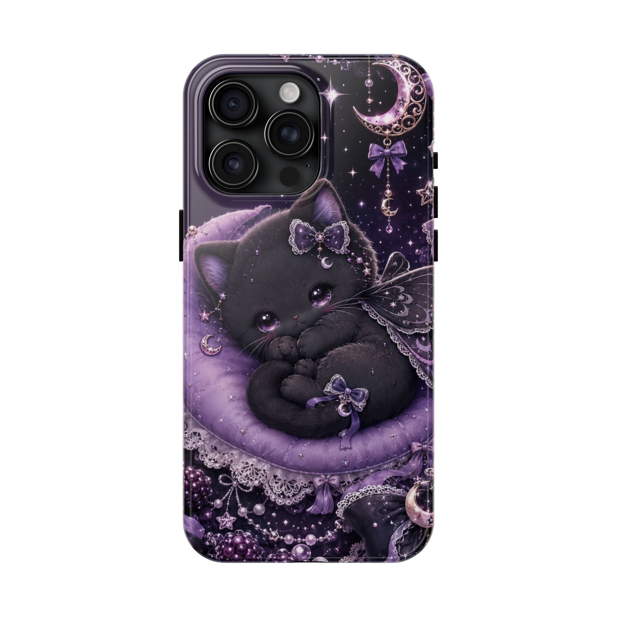 Cute Black Kitty Moon Tough Phone Case — Purple Fantasy Cat Protective Cover