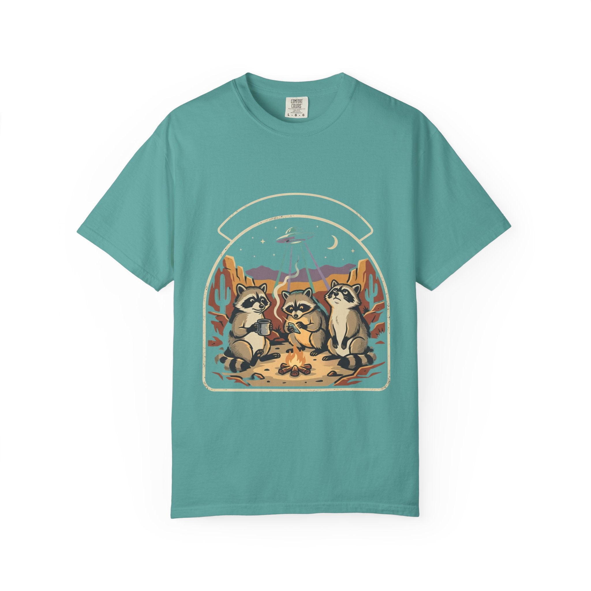 Desert Raccoons with UFO T-shirt | Alien Abduction Camping Graphic Tee