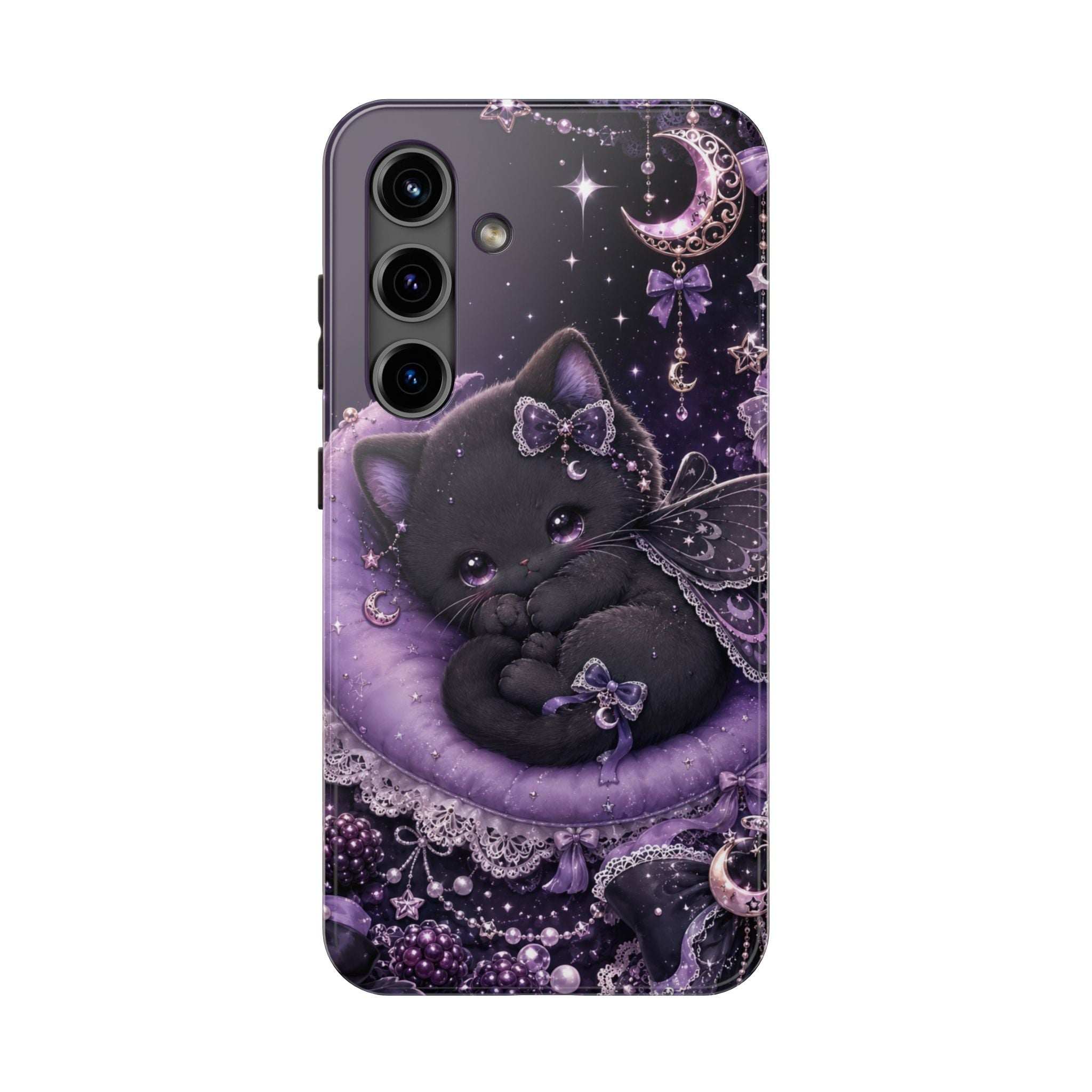 Cute Black Kitty Moon Tough Phone Case — Purple Fantasy Cat Protective Cover