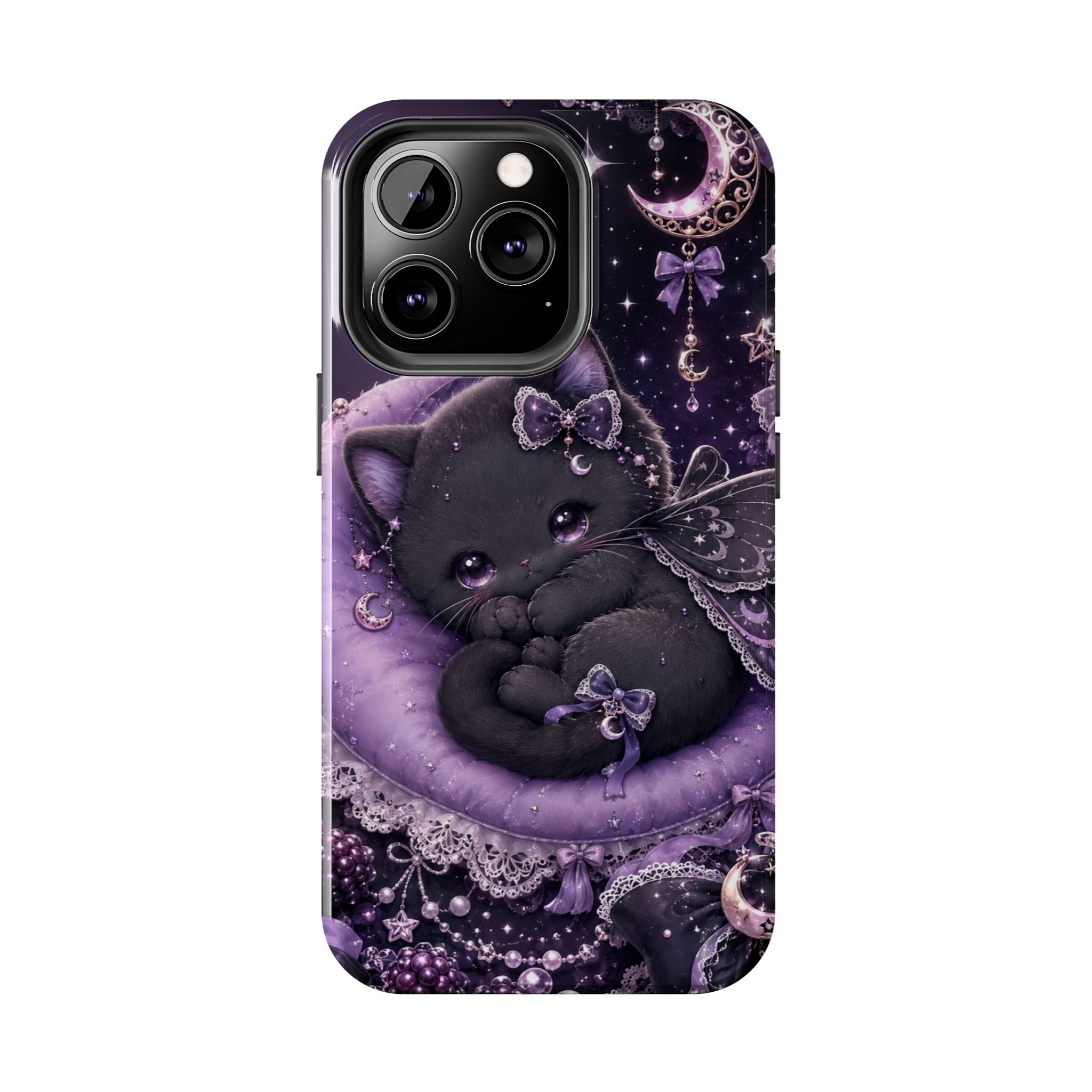 Cute Black Kitty Moon Tough Phone Case — Purple Fantasy Cat Protective Cover