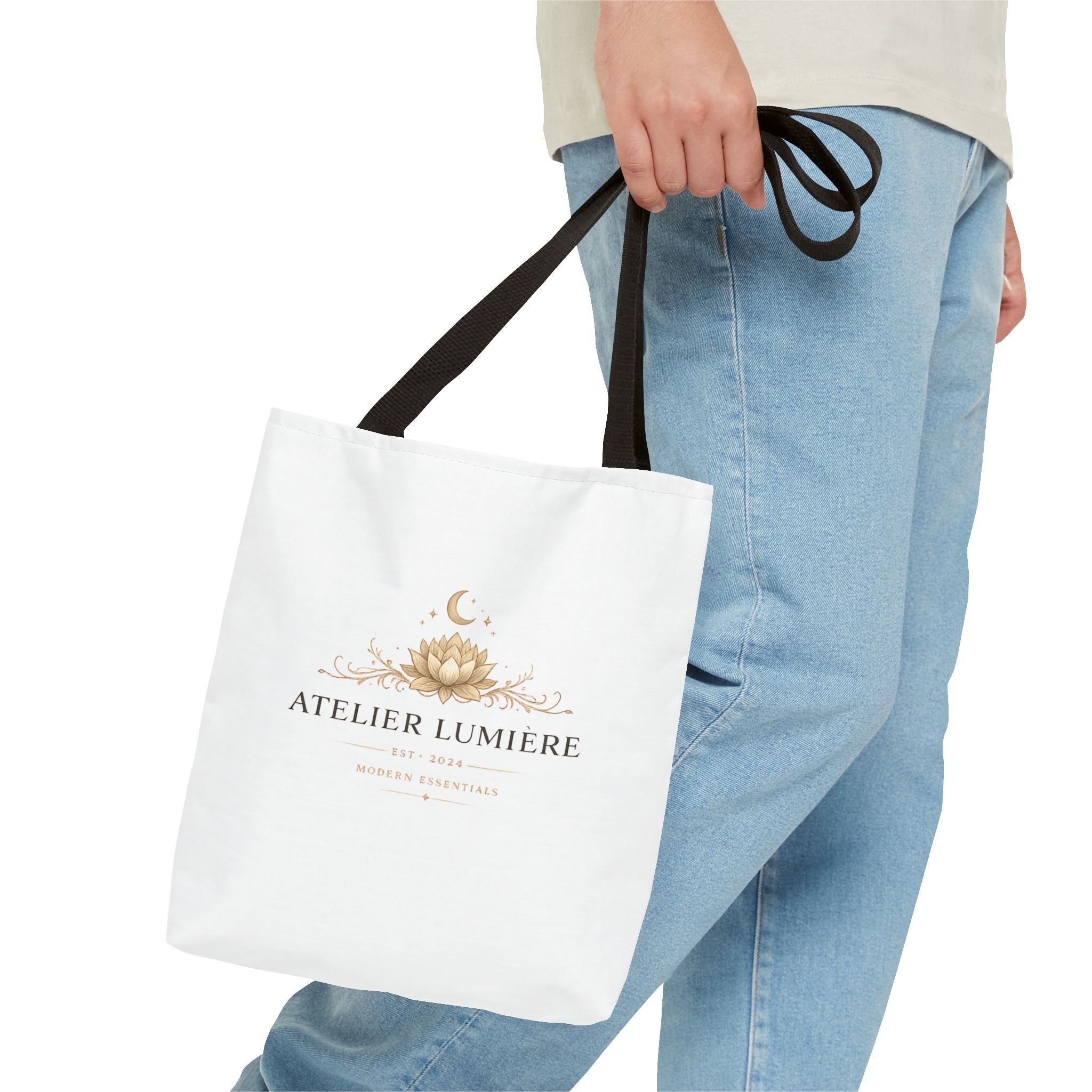 Atelier Lumière lotus logo Tote Bag | boho celestial moon design