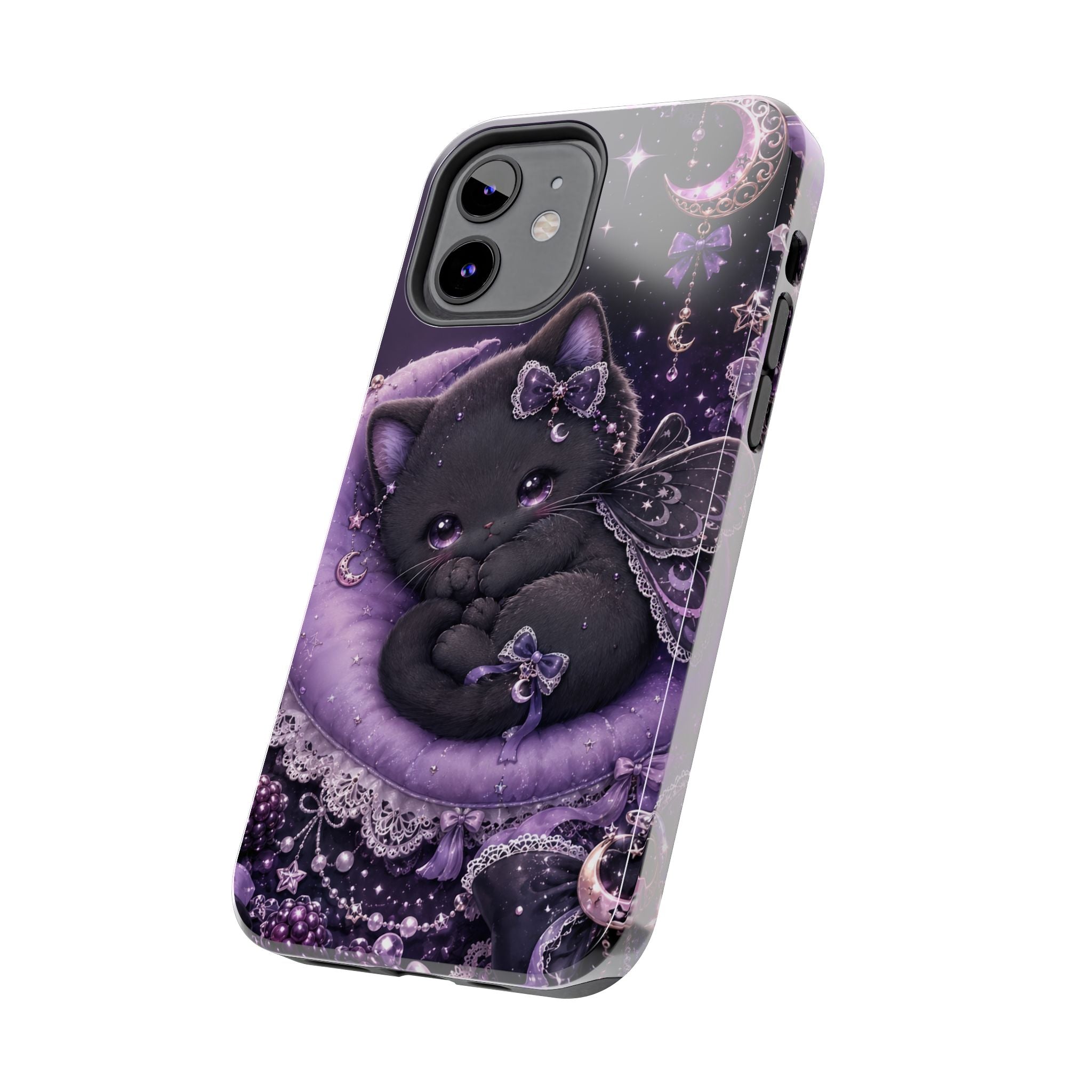 Cute Black Kitty Moon Tough Phone Case — Purple Fantasy Cat Protective Cover