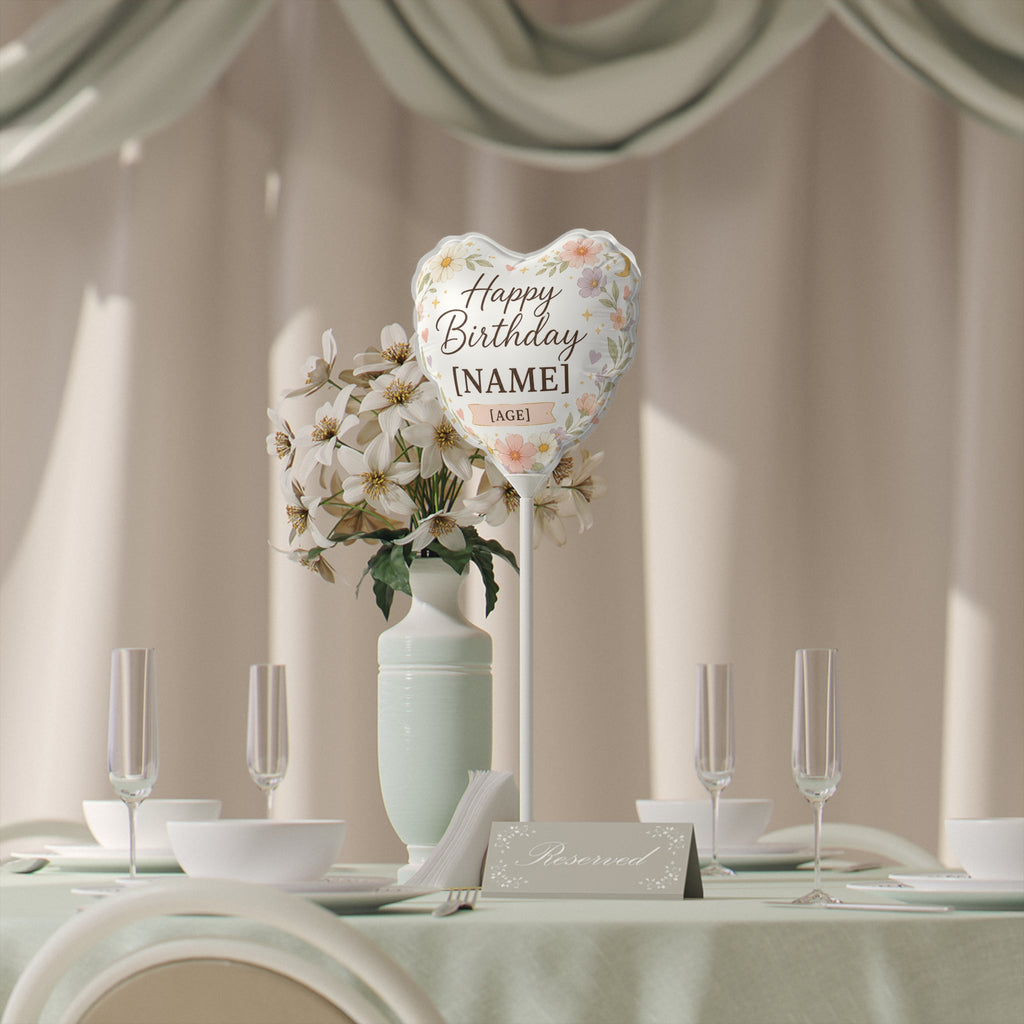 Custom Floral Happy Birthday Name Age Heart Balloon | 6"