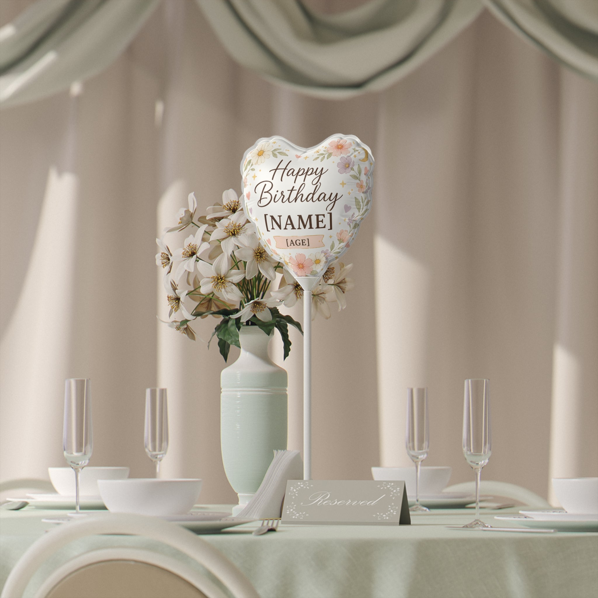 Custom Floral Happy Birthday Name Age Heart Balloon | 6"