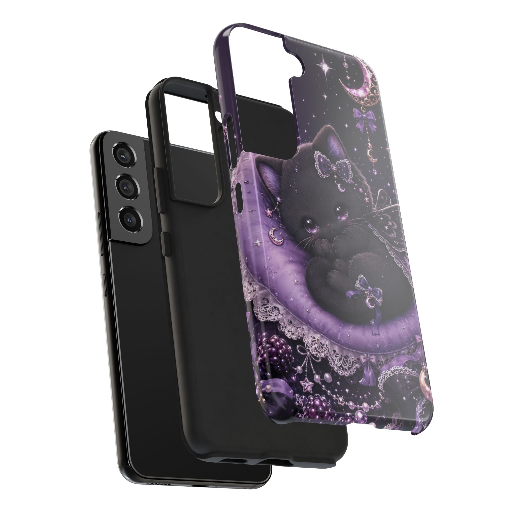 Cute Black Kitty Moon Tough Phone Case — Purple Fantasy Cat Protective Cover