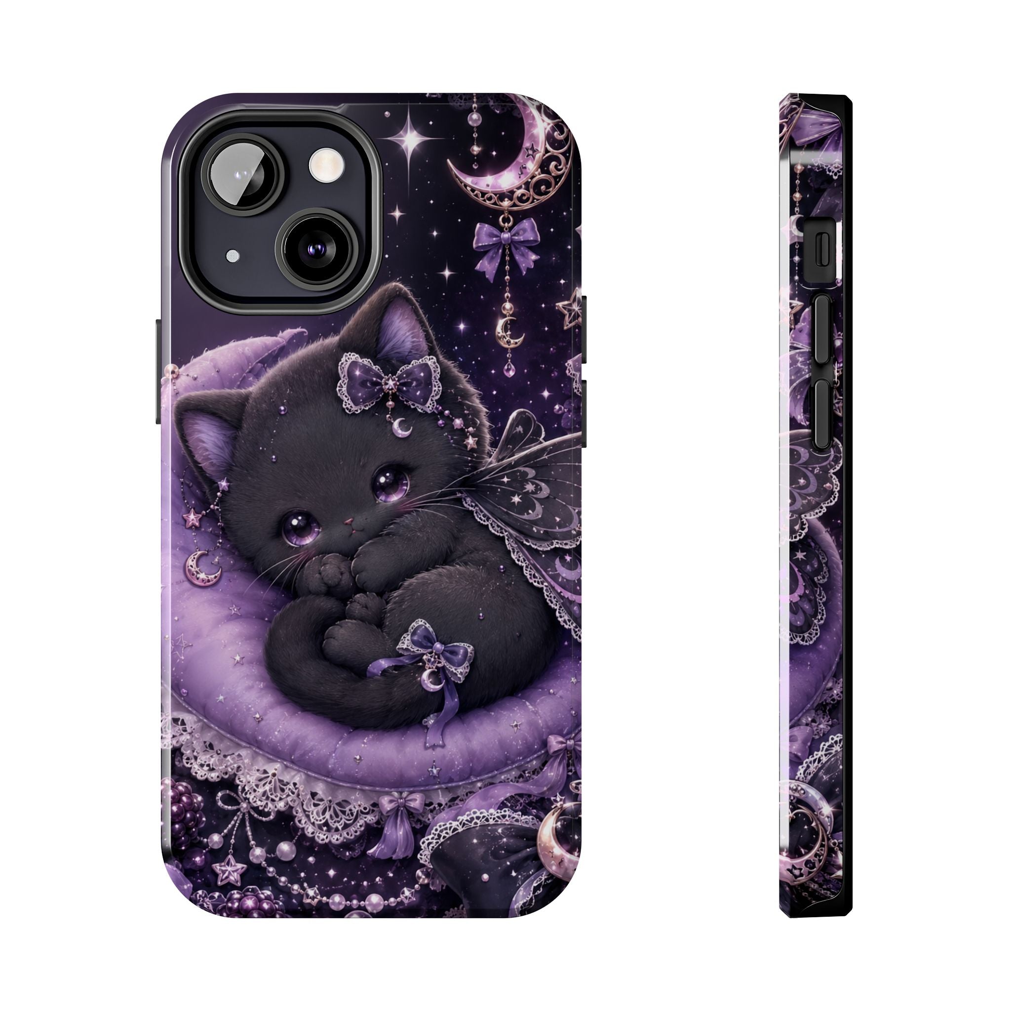 Cute Black Kitty Moon Tough Phone Case — Purple Fantasy Cat Protective Cover