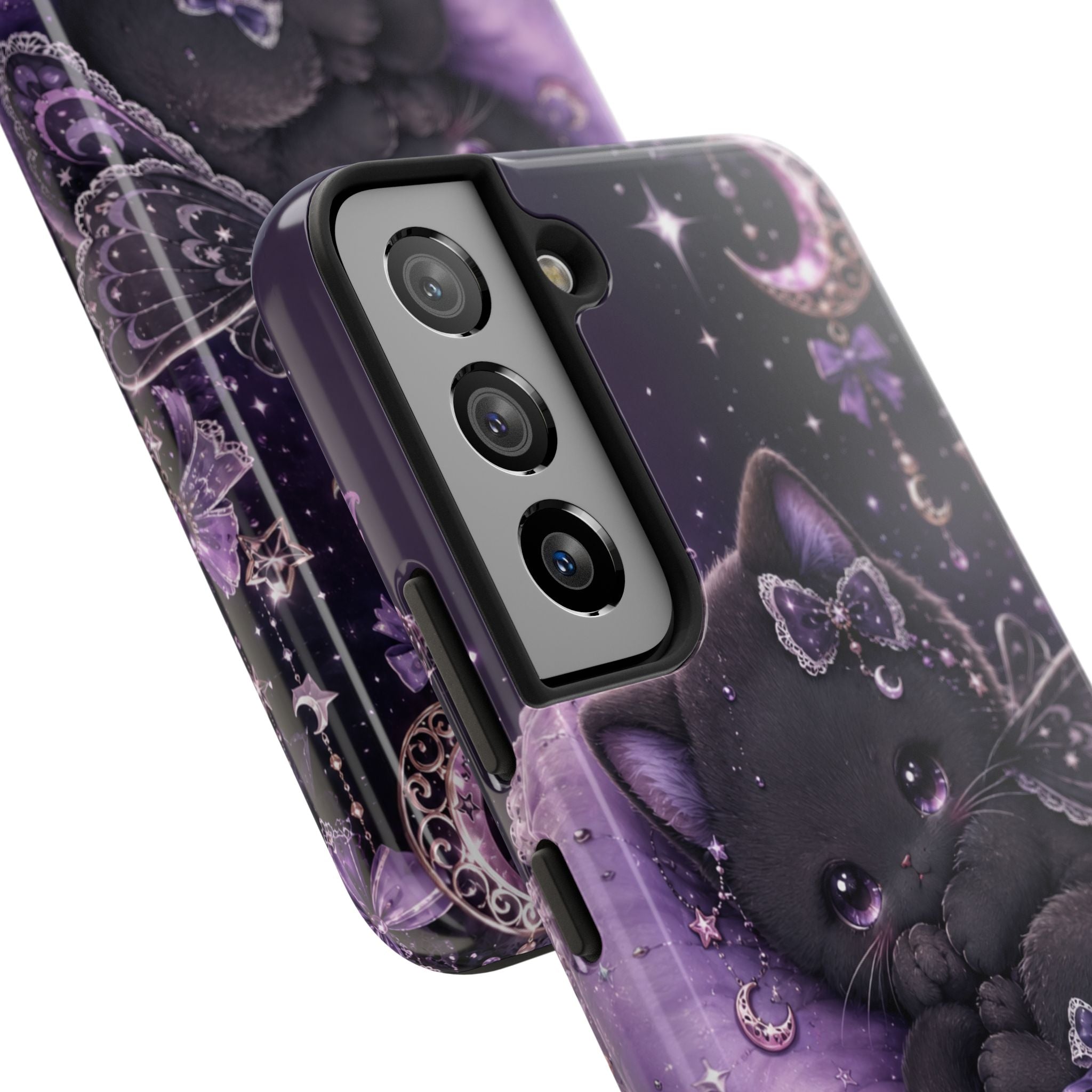 Cute Black Kitty Moon Tough Phone Case — Purple Fantasy Cat Protective Cover