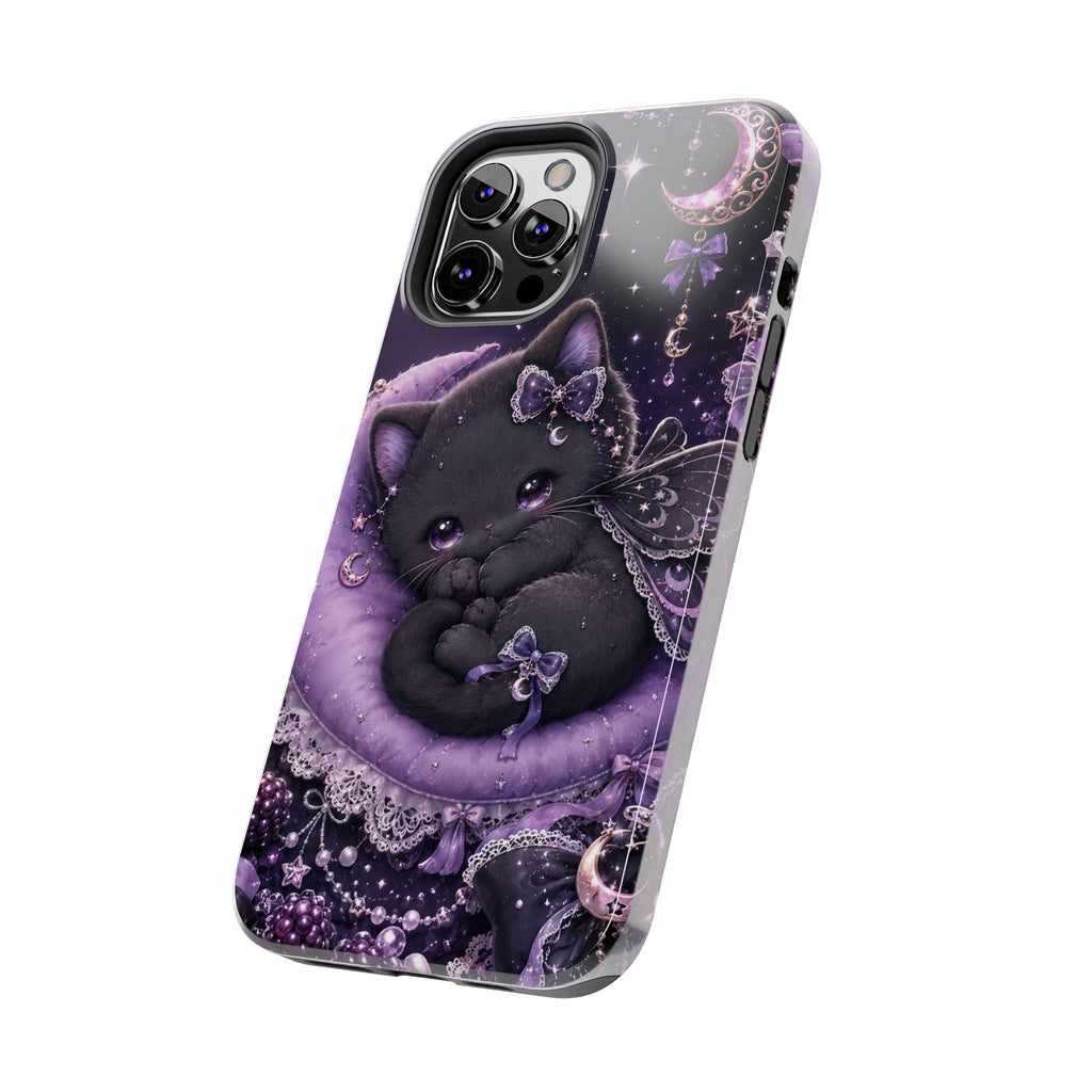 Cute Black Kitty Moon Tough Phone Case — Purple Fantasy Cat Protective Cover