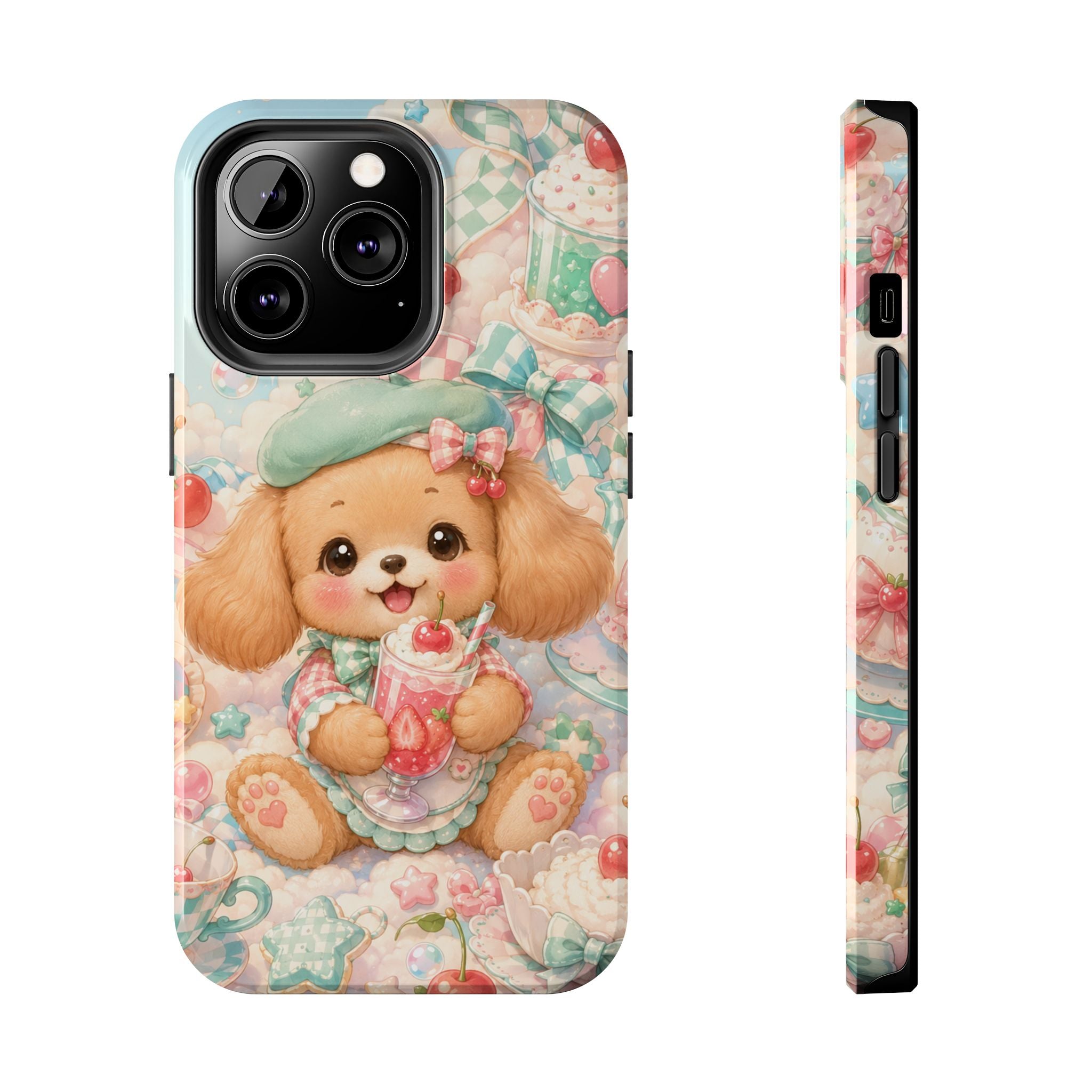 Cute Puppy Phone Case — Kawaii Dog with Milkshake Tough Protective Cover