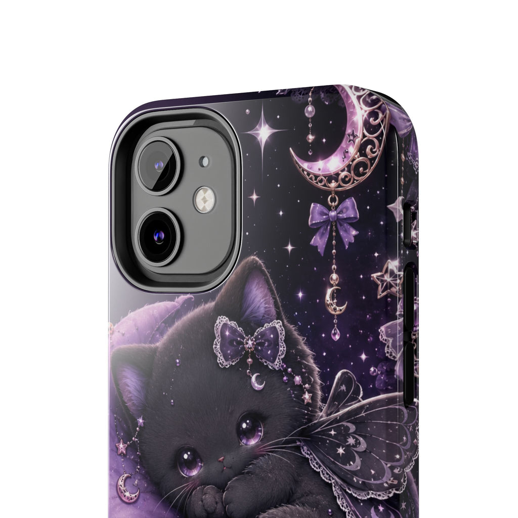 Cute Black Kitty Moon Tough Phone Case — Purple Fantasy Cat Protective Cover