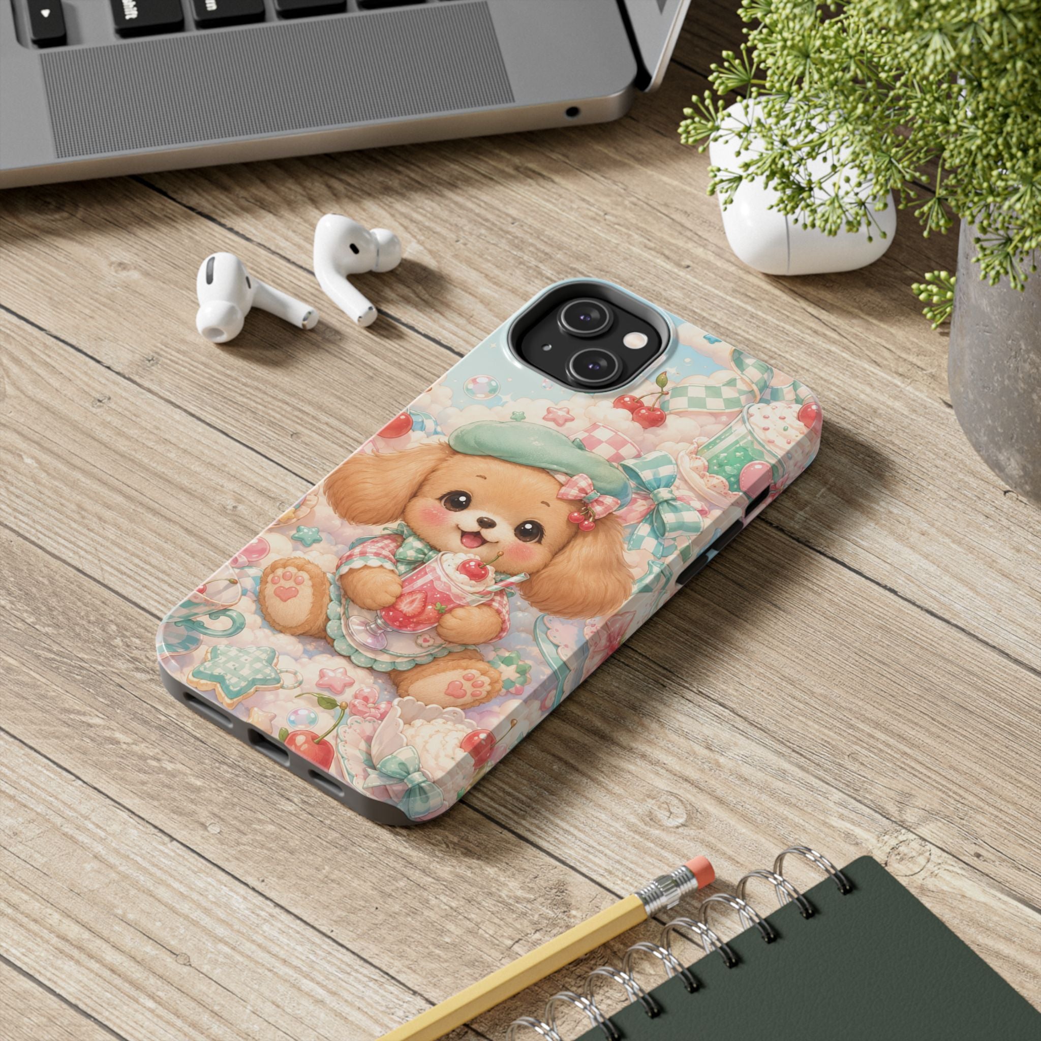 Cute Puppy Phone Case — Kawaii Dog with Milkshake Tough Protective Cover