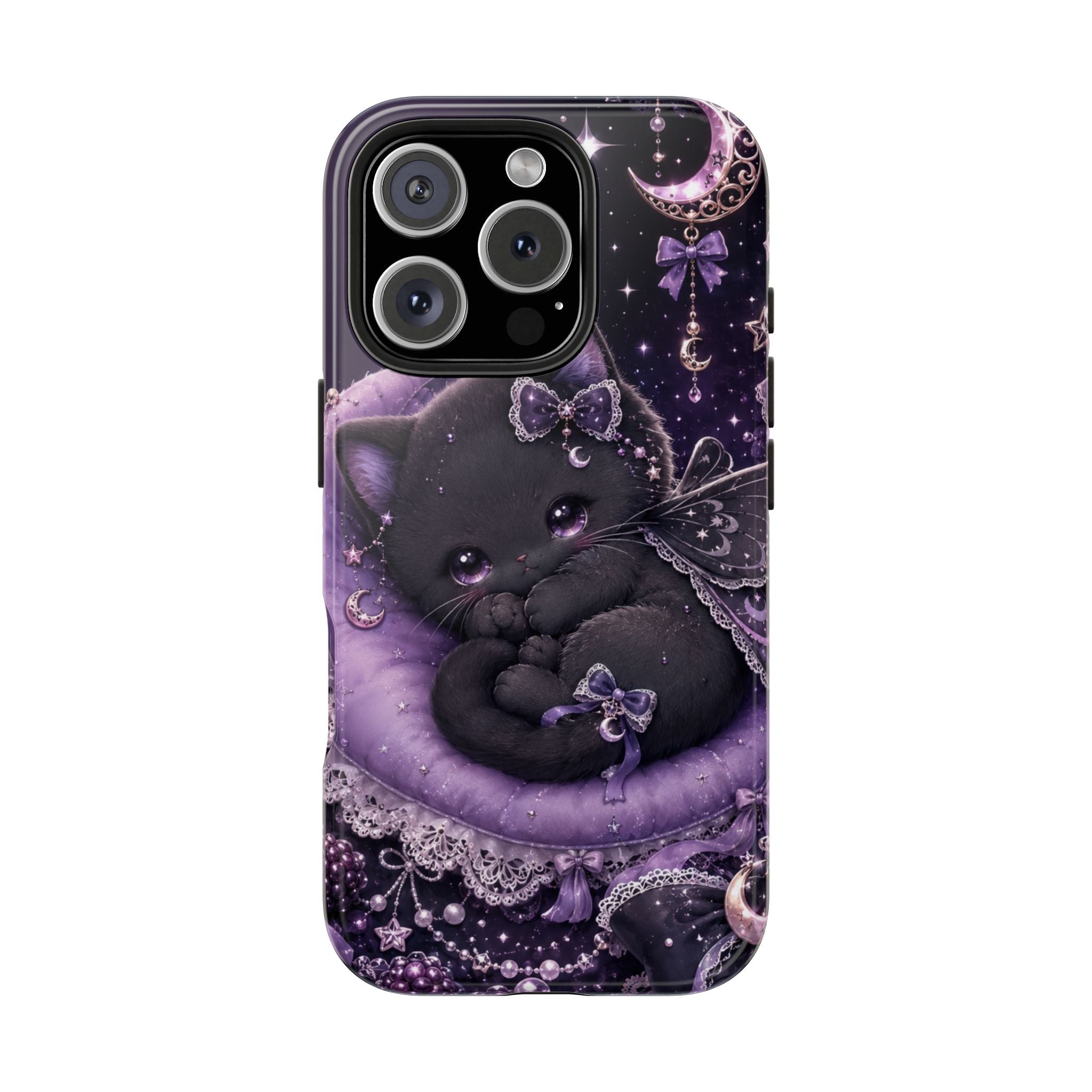 Cute Black Kitty Moon Tough Phone Case — Purple Fantasy Cat Protective Cover