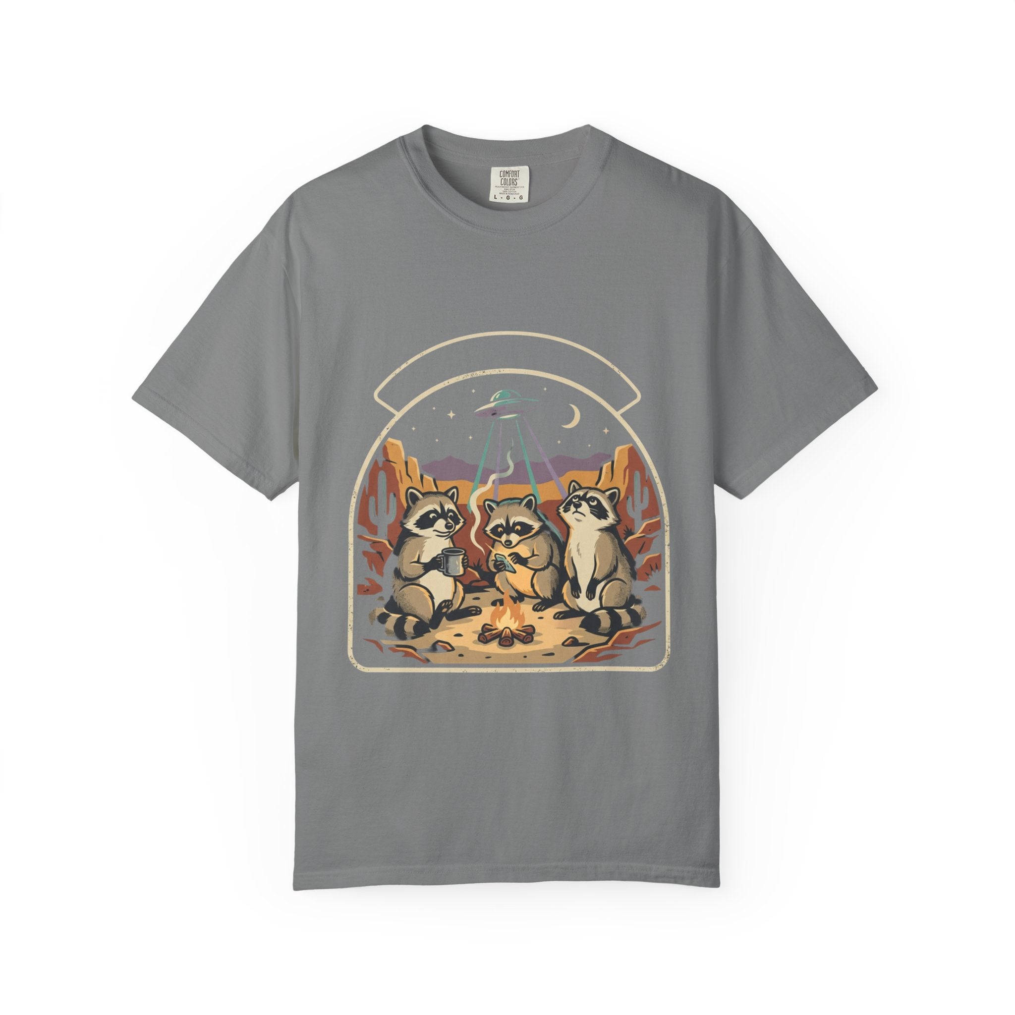 Desert Raccoons with UFO T-shirt | Alien Abduction Camping Graphic Tee