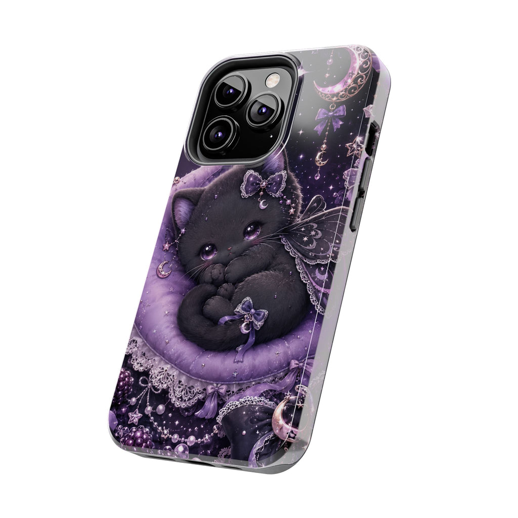 Cute Black Kitty Moon Tough Phone Case — Purple Fantasy Cat Protective Cover
