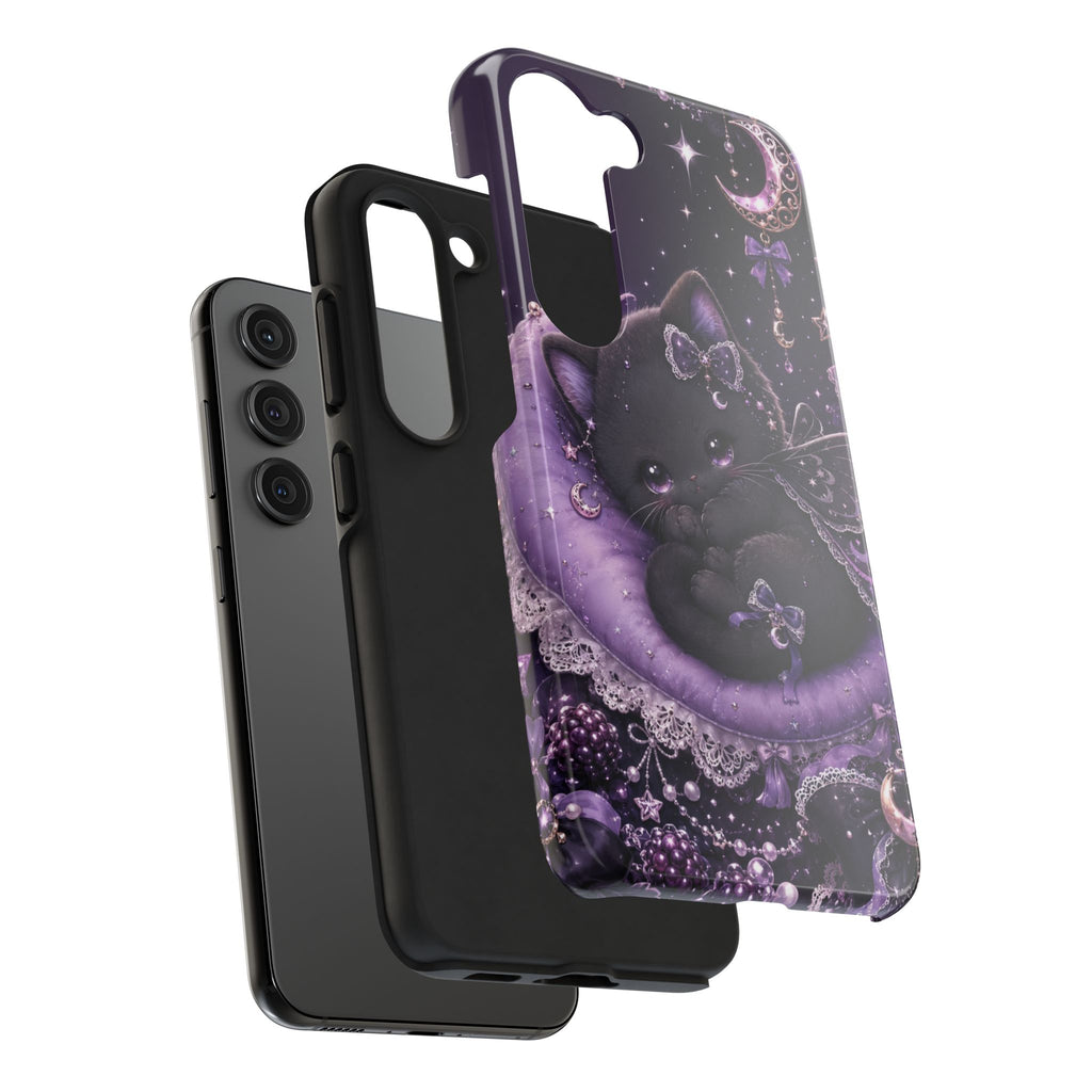 Cute Black Kitty Moon Tough Phone Case — Purple Fantasy Cat Protective Cover