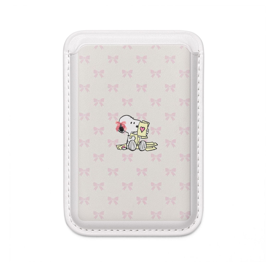 Cute Snoopy PopSocket Wallet — Vegan MagSafe® Card Holder with Pink Bow Pattern
