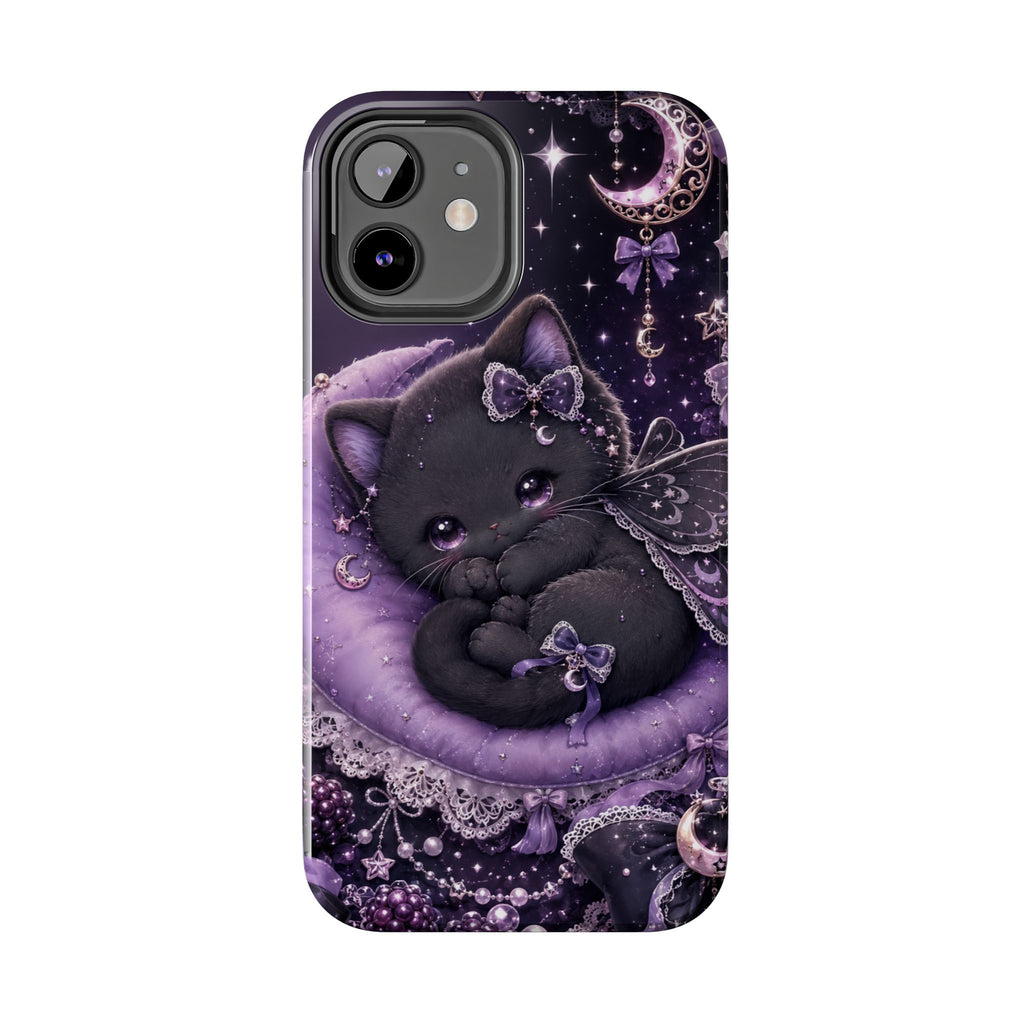 Cute Black Kitty Moon Tough Phone Case — Purple Fantasy Cat Protective Cover