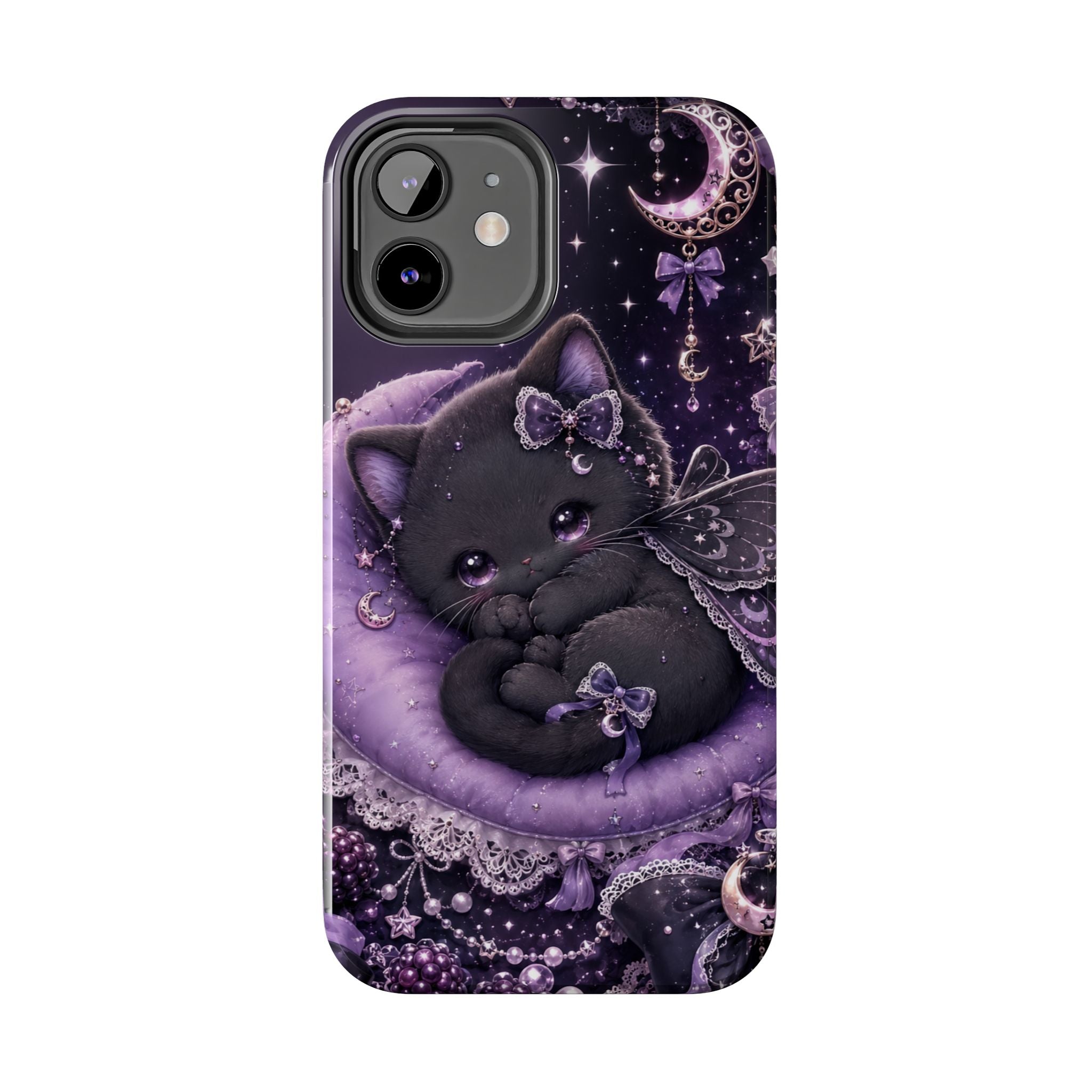 Cute Black Kitty Moon Tough Phone Case — Purple Fantasy Cat Protective Cover