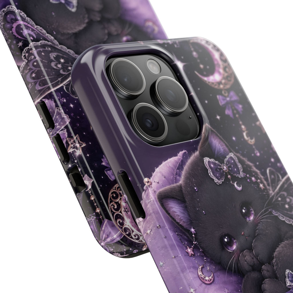 Cute Black Kitty Moon Tough Phone Case — Purple Fantasy Cat Protective Cover