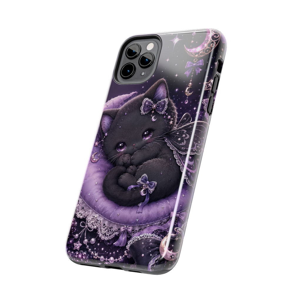 Cute Black Kitty Moon Tough Phone Case — Purple Fantasy Cat Protective Cover