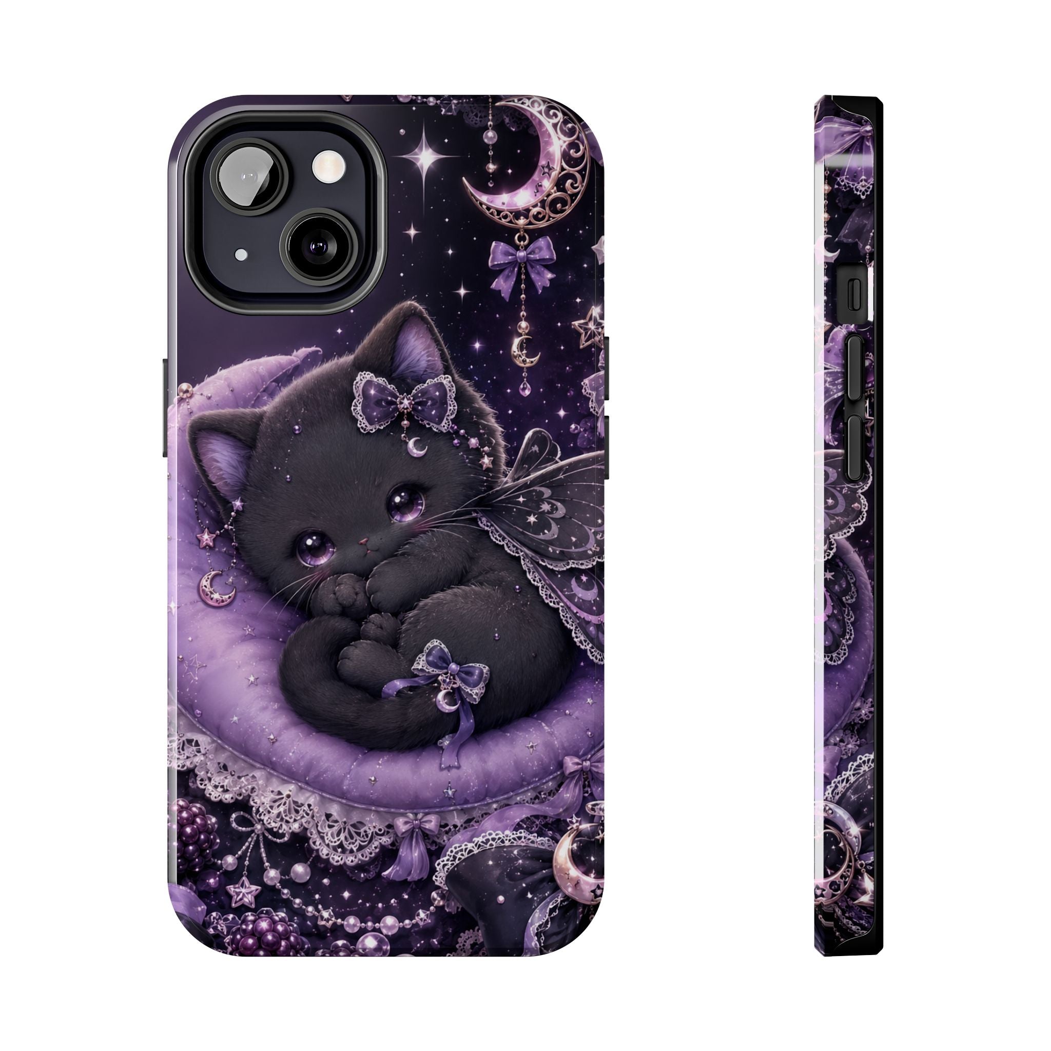 Cute Black Kitty Moon Tough Phone Case — Purple Fantasy Cat Protective Cover