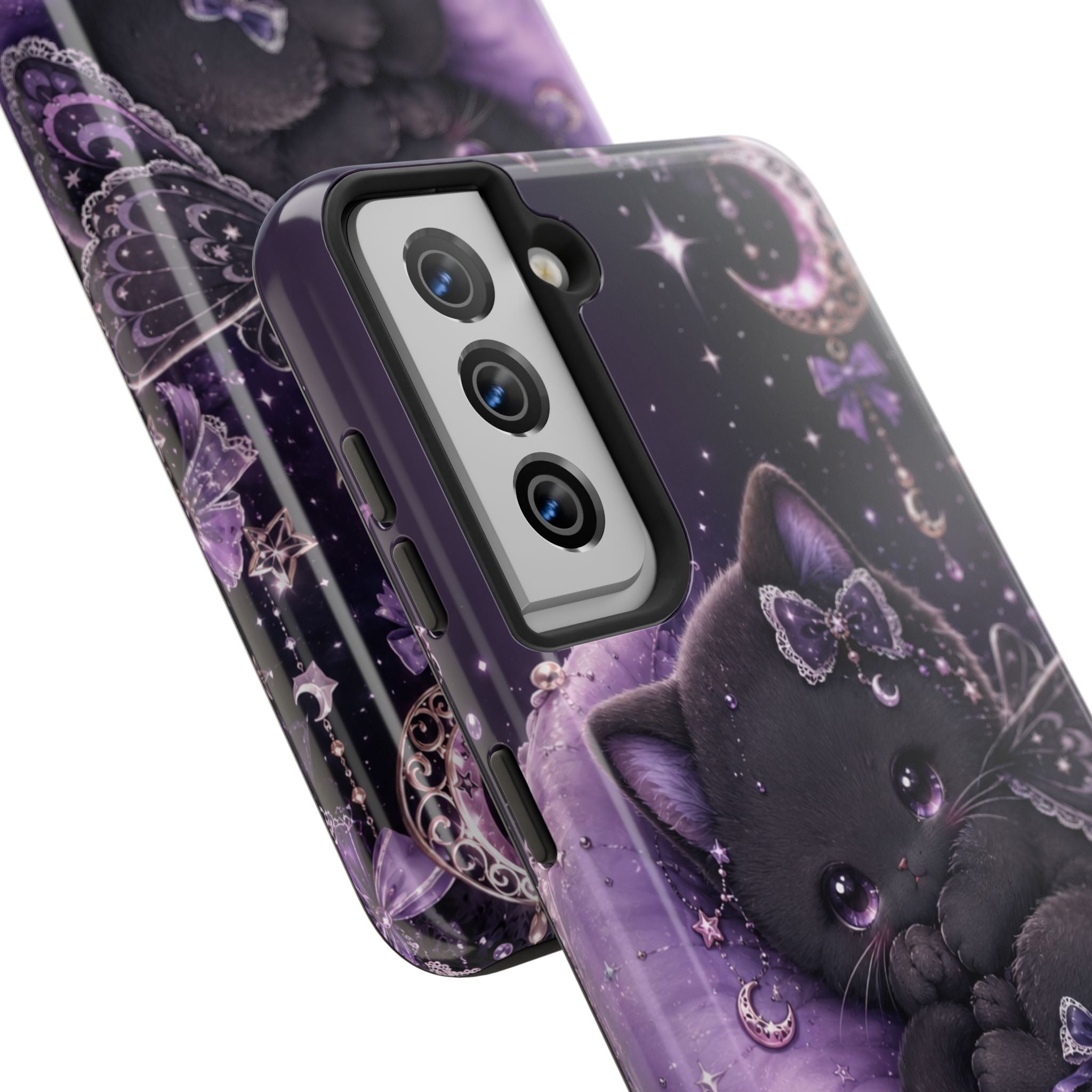 Cute Black Kitty Moon Tough Phone Case — Purple Fantasy Cat Protective Cover