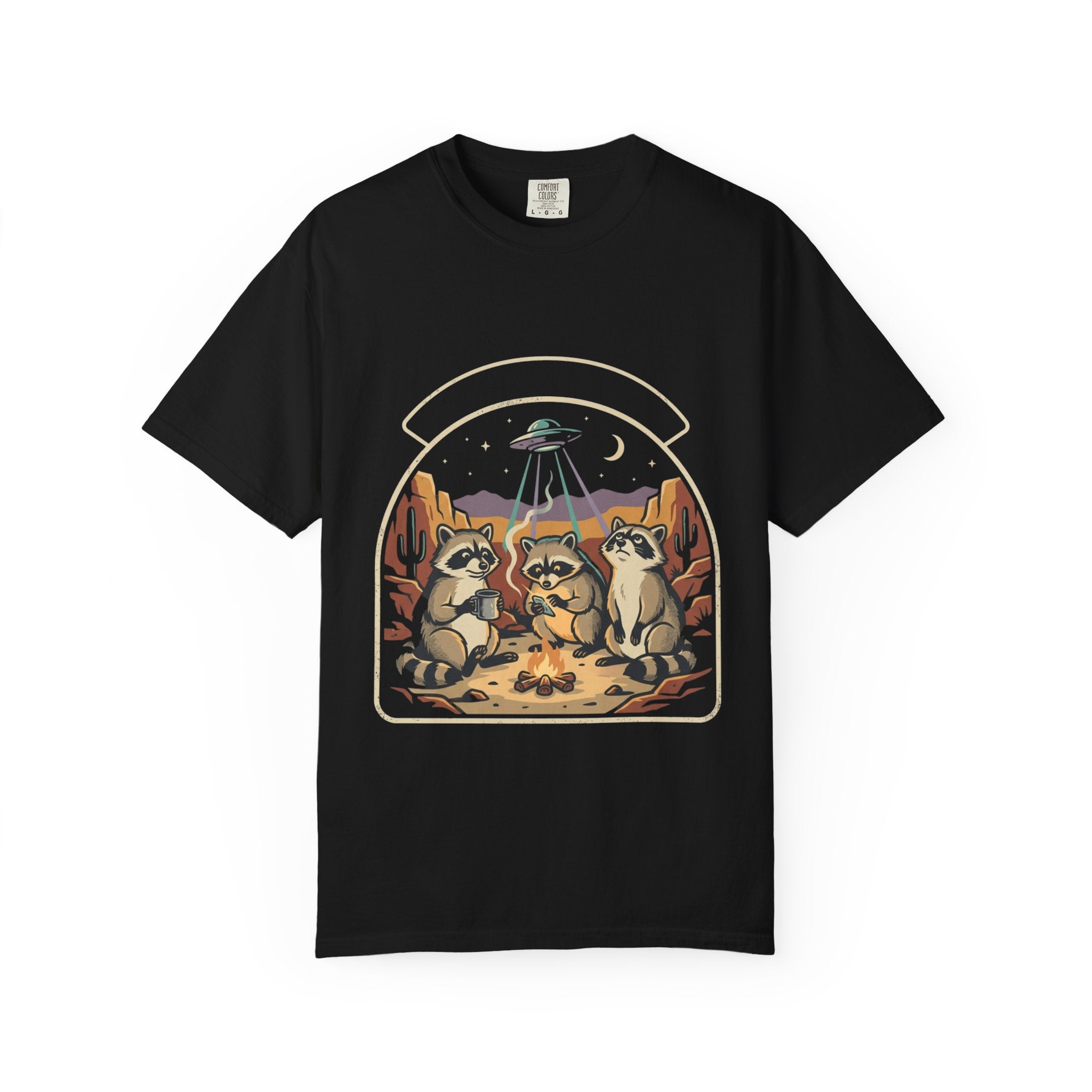 Desert Raccoons with UFO T-shirt | Alien Abduction Camping Graphic Tee