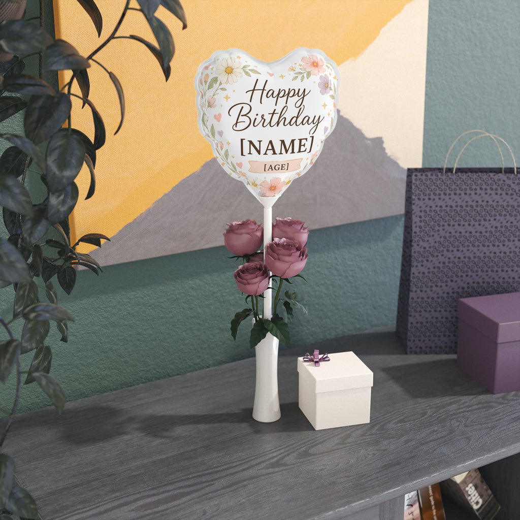 Custom Floral Happy Birthday Name Age Heart Balloon | 6"