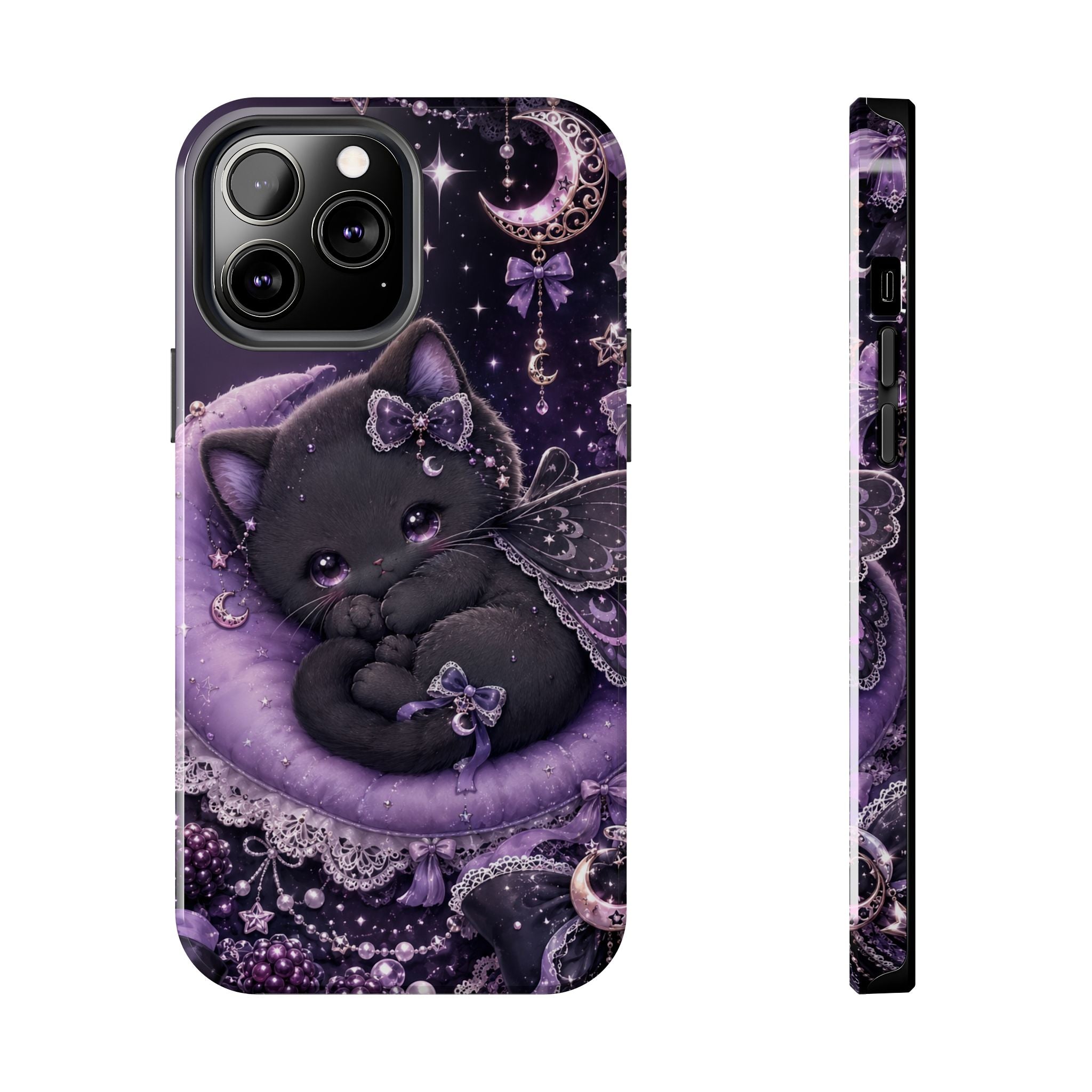 Cute Black Kitty Moon Tough Phone Case — Purple Fantasy Cat Protective Cover
