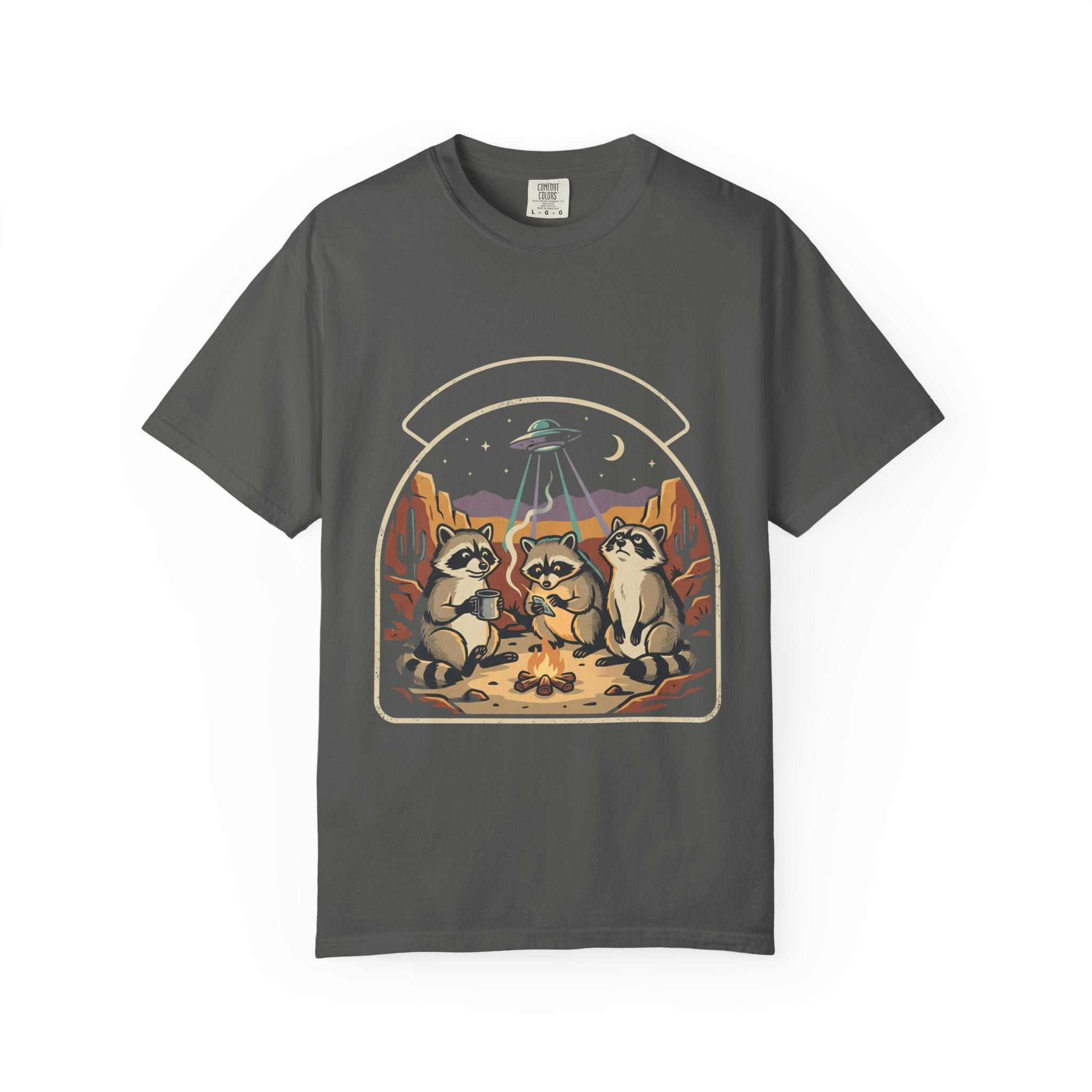 Desert Raccoons with UFO T-shirt | Alien Abduction Camping Graphic Tee